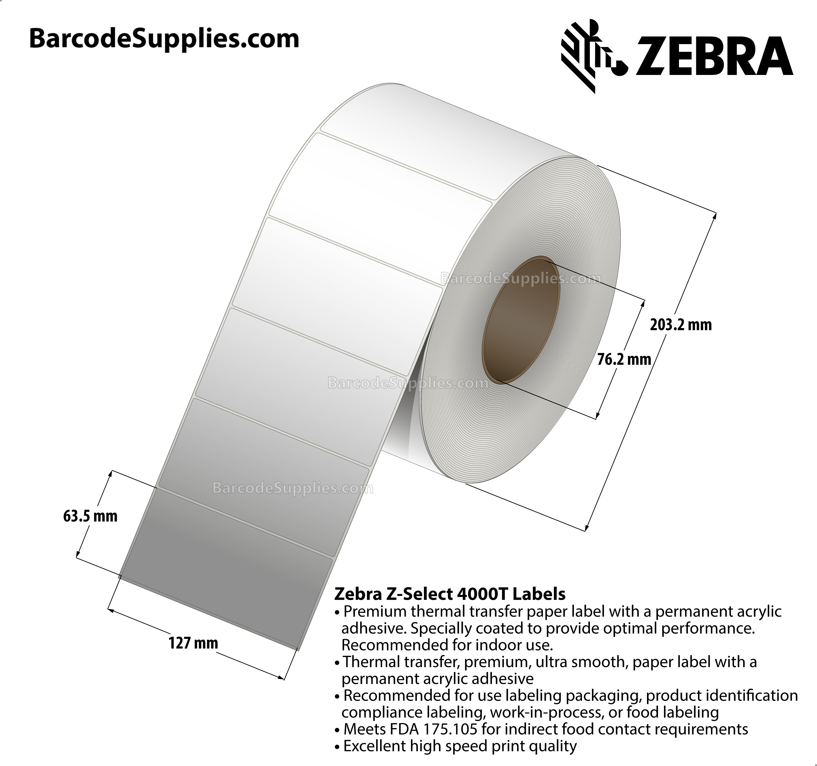 5 x 2.5 Thermal Transfer White Z-Select 4000T Labels With Permanent Adhesive - Not Perforated - 2220 Labels Per Roll - Carton Of 4 Rolls - 8880 Labels Total - MPN: 72298