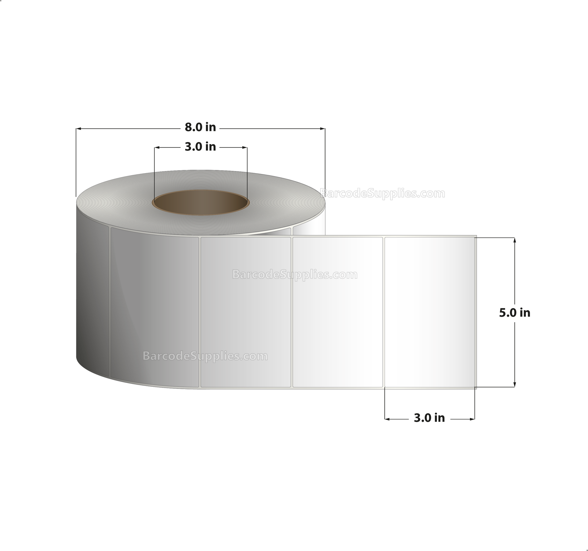 5 x 3 Thermal Transfer White Labels With Permanent Acrylic Adhesive - Not Perforated - 1900 Labels Per Roll - Carton Of 4 Rolls - 7600 Labels Total - MPN: TH53-1