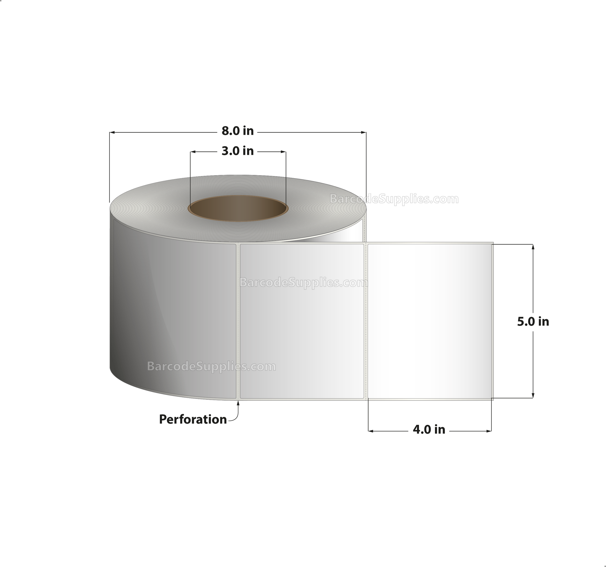 5 x 4 Thermal Transfer White Labels With Permanent Adhesive - Perforated - 1500 Labels Per Roll - Carton Of 4 Rolls - 6000 Labels Total - MPN: RT-5-4-1500-3