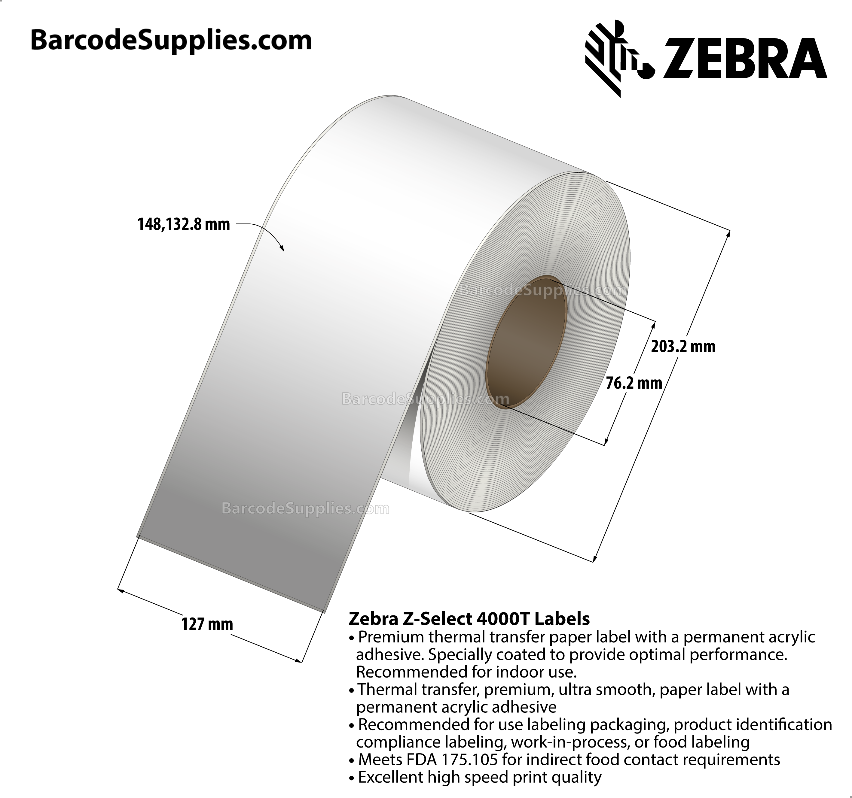 5 x 486' Thermal Transfer White Z-Select 4000T Labels With Permanent Adhesive - Continuous - Labels Per Roll - Carton Of 4 Rolls - 0 Labels Total - MPN: 72300