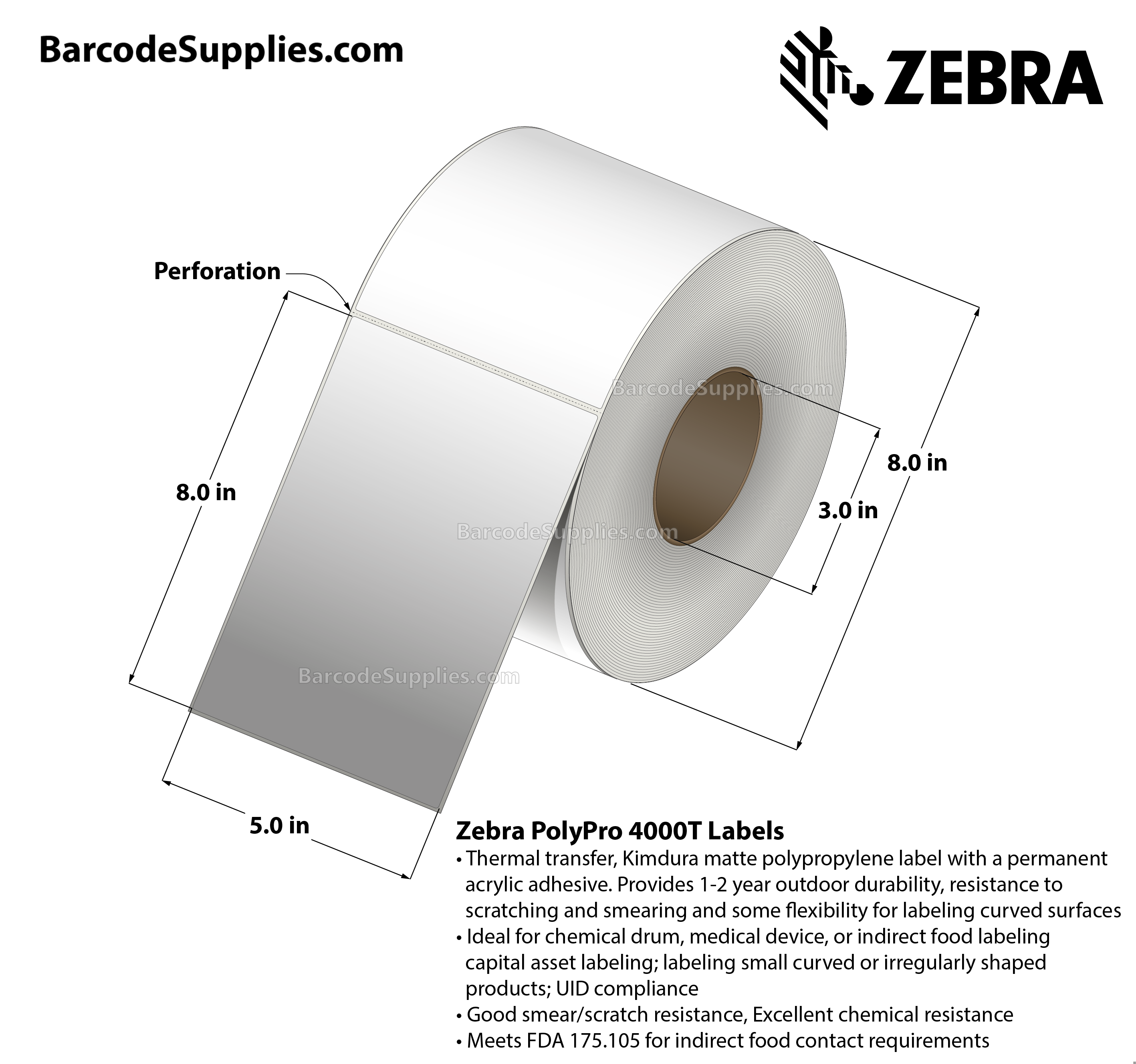 5 x 8 Thermal Transfer White PolyPro 4000T Labels With Permanent Adhesive - Perforated - 560 Labels Per Roll - Carton Of 4 Rolls - 2240 Labels Total - MPN: 10014715