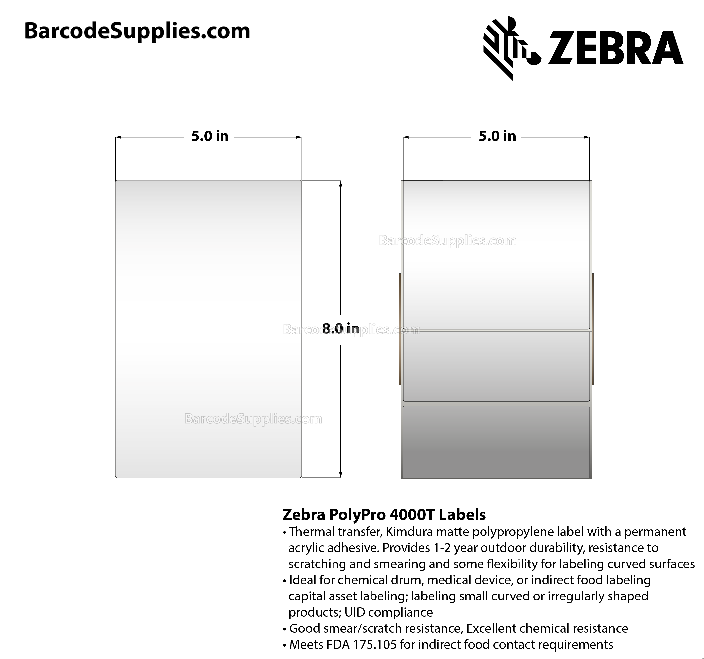 5 x 8 Thermal Transfer White PolyPro 4000T Labels With Permanent Adhesive - Perforated - 560 Labels Per Roll - Carton Of 4 Rolls - 2240 Labels Total - MPN: 10014715