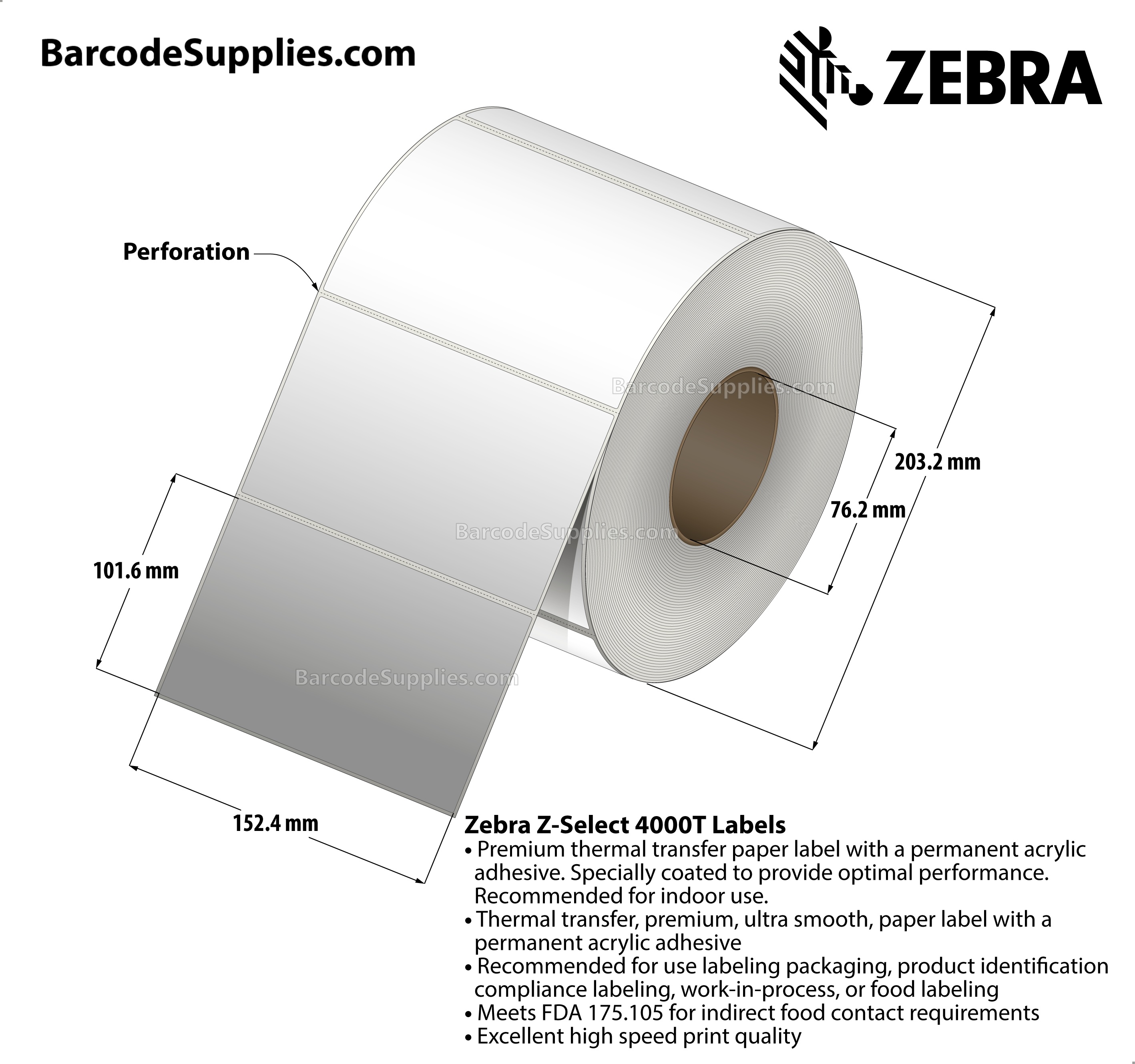 6 x 4 Thermal Transfer White Z-Select 4000T Labels With Permanent Adhesive - Perforated - 1360 Labels Per Roll - Carton Of 2 Rolls - 2720 Labels Total - MPN: 73909