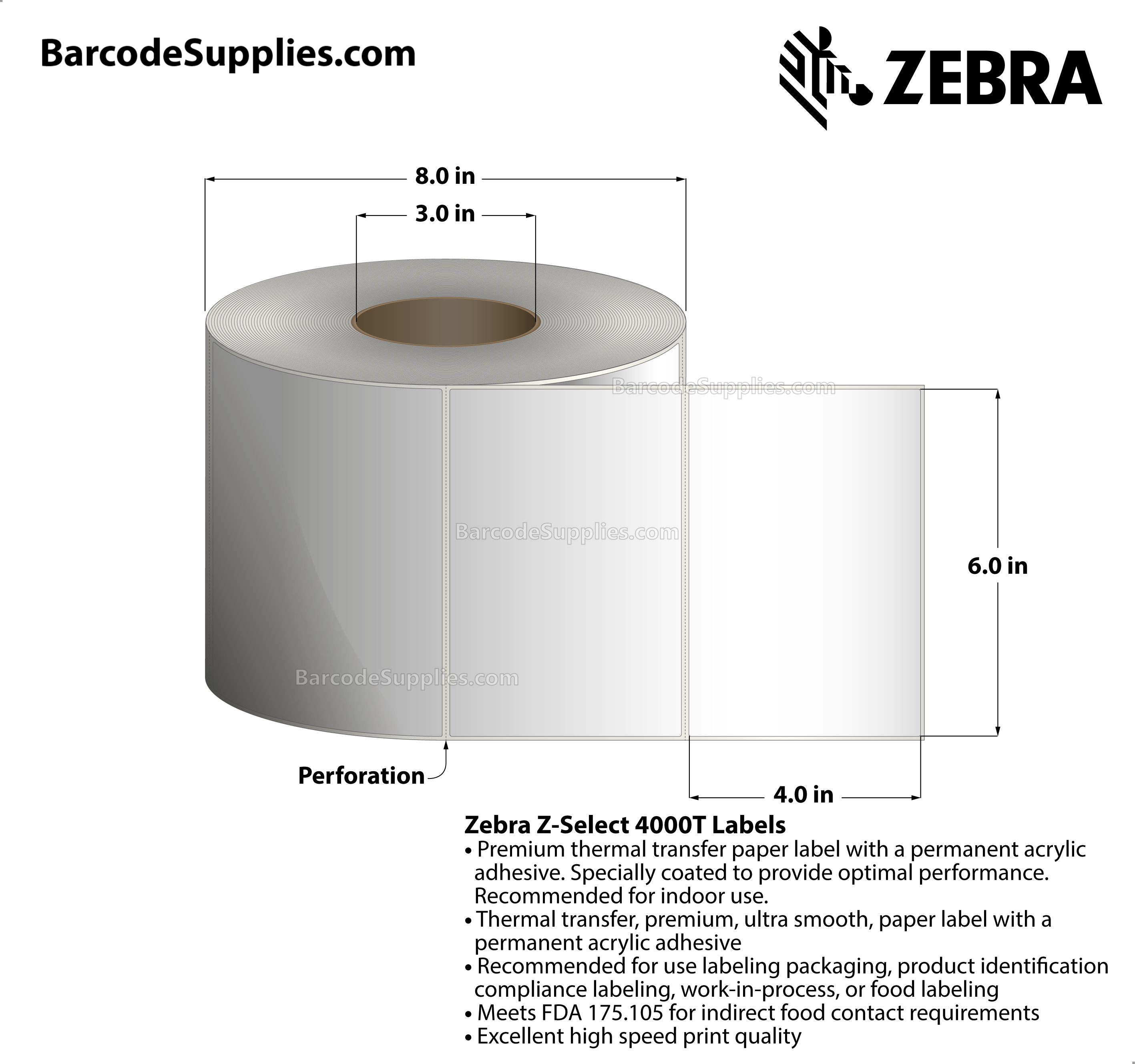 6 x 4 Thermal Transfer White Z-Select 4000T Labels With Permanent Adhesive - Perforated - 1360 Labels Per Roll - Carton Of 2 Rolls - 2720 Labels Total - MPN: 73909