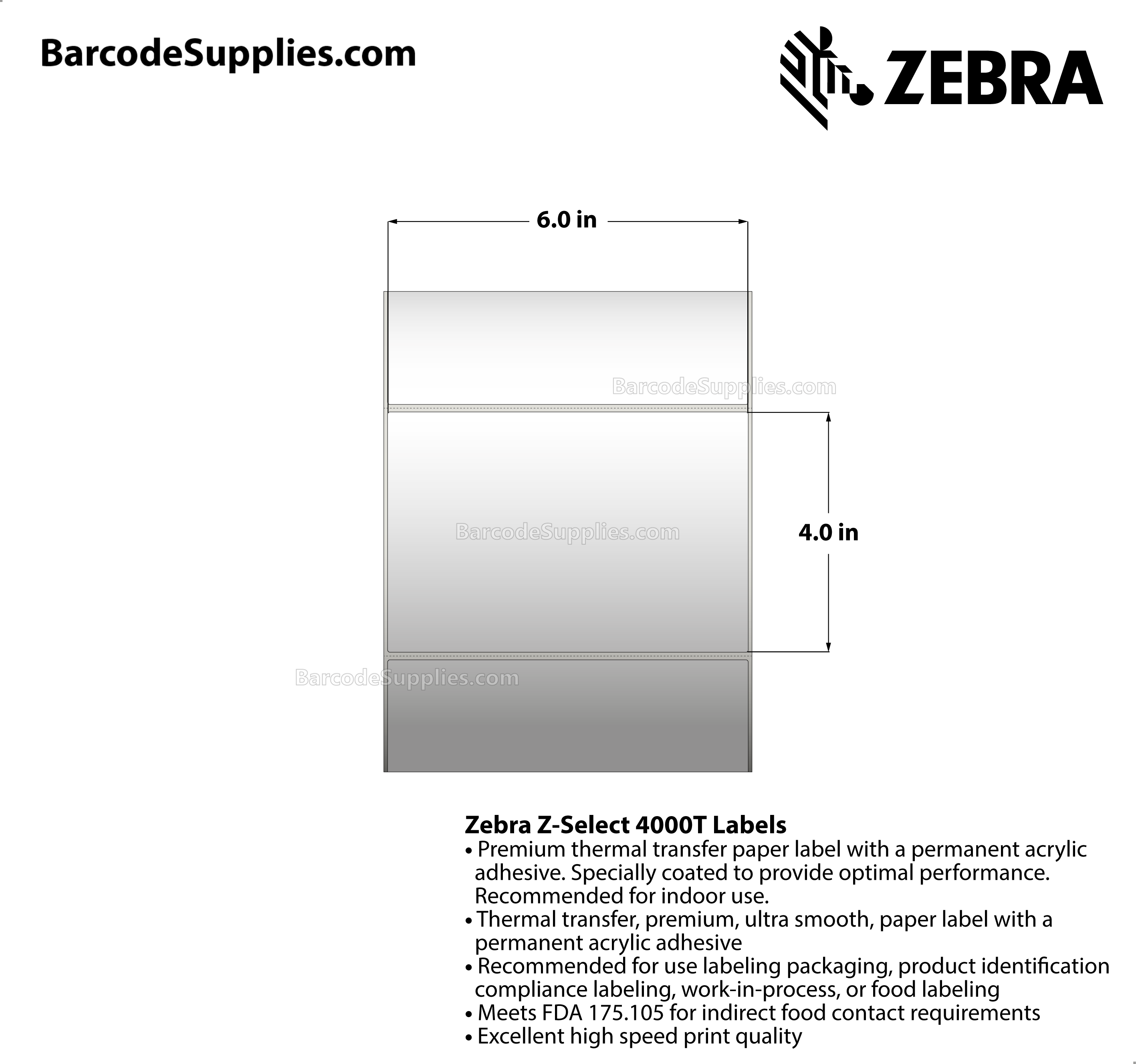 6 x 4 Thermal Transfer White Z-Select 4000T Labels With Permanent Adhesive - Perforated - 1360 Labels Per Roll - Carton Of 2 Rolls - 2720 Labels Total - MPN: 73909