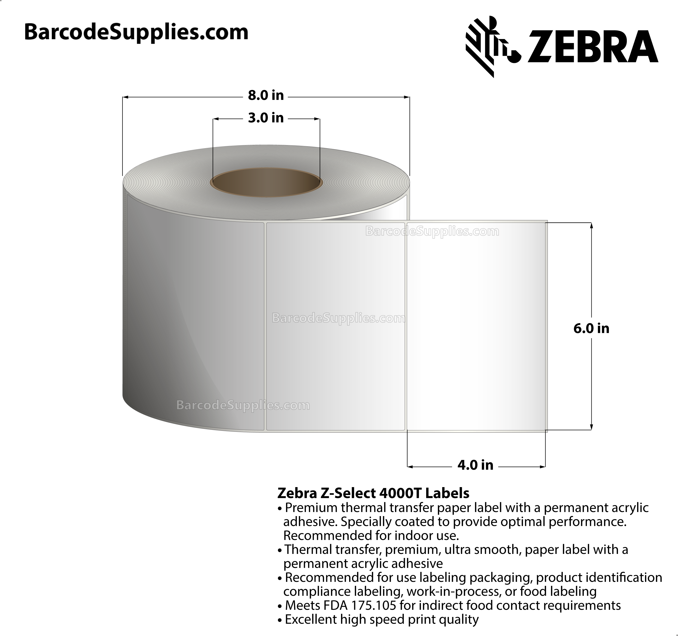 6 x 4 Thermal Transfer White Z-Select 4000T Labels With Permanent Adhesive - Not Perforated - 1410 Labels Per Roll - Carton Of 2 Rolls - 2820 Labels Total - MPN: 72354