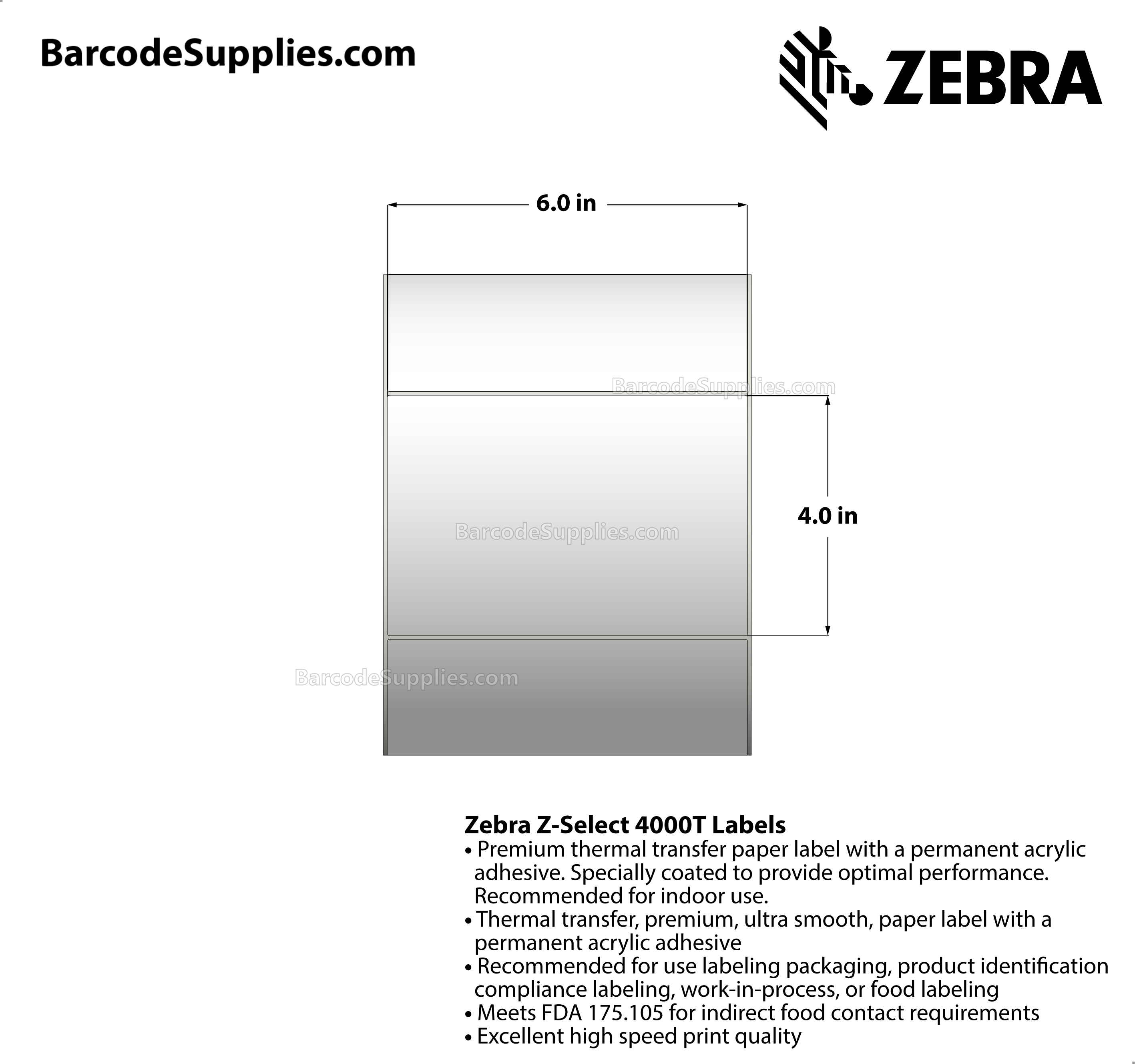 6 x 4 Thermal Transfer White Z-Select 4000T Labels With Permanent Adhesive - Not Perforated - 1410 Labels Per Roll - Carton Of 2 Rolls - 2820 Labels Total - MPN: 72354