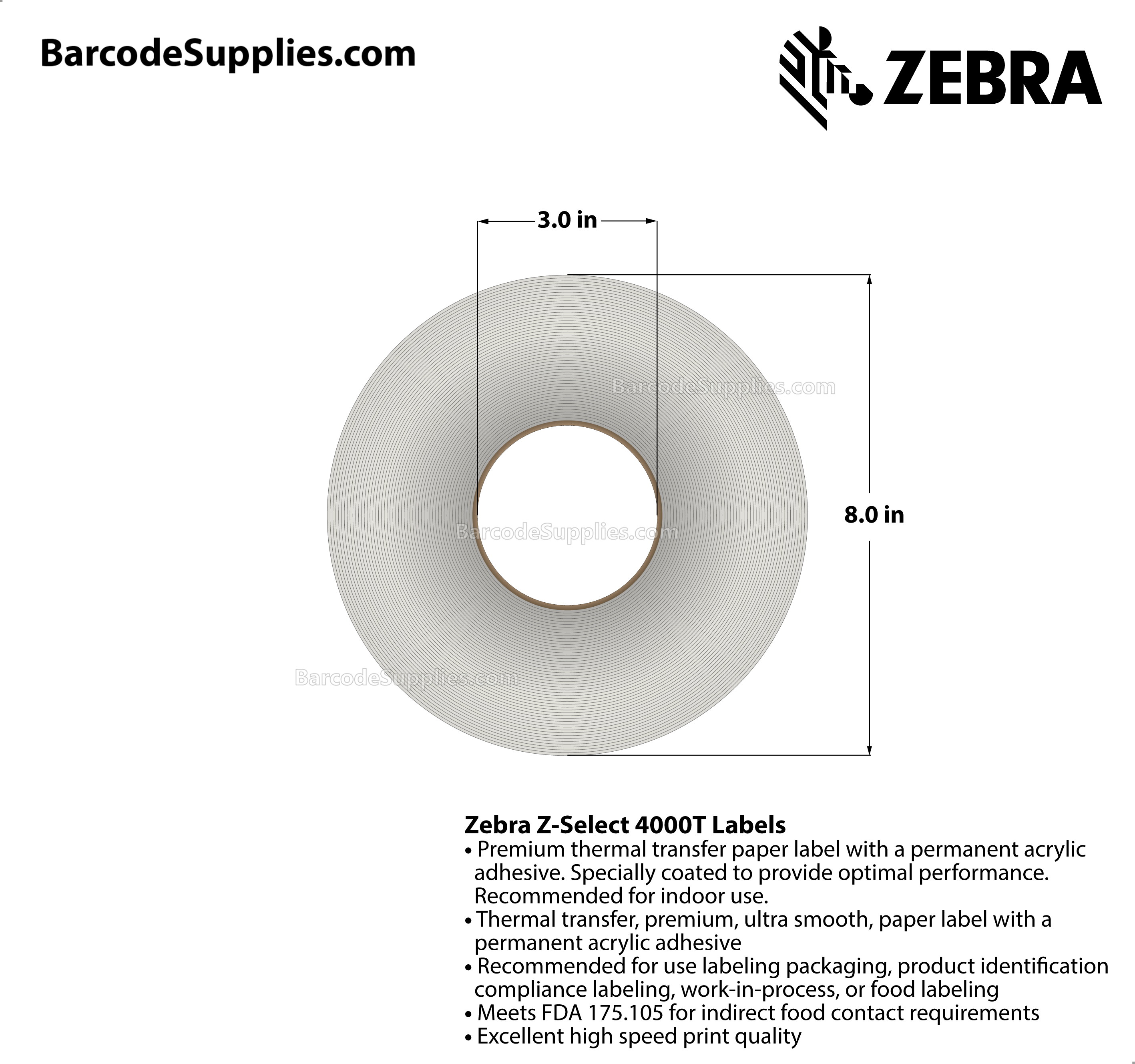 6 x 4 Thermal Transfer White Z-Select 4000T Labels With Permanent Adhesive - Not Perforated - 1410 Labels Per Roll - Carton Of 2 Rolls - 2820 Labels Total - MPN: 72354