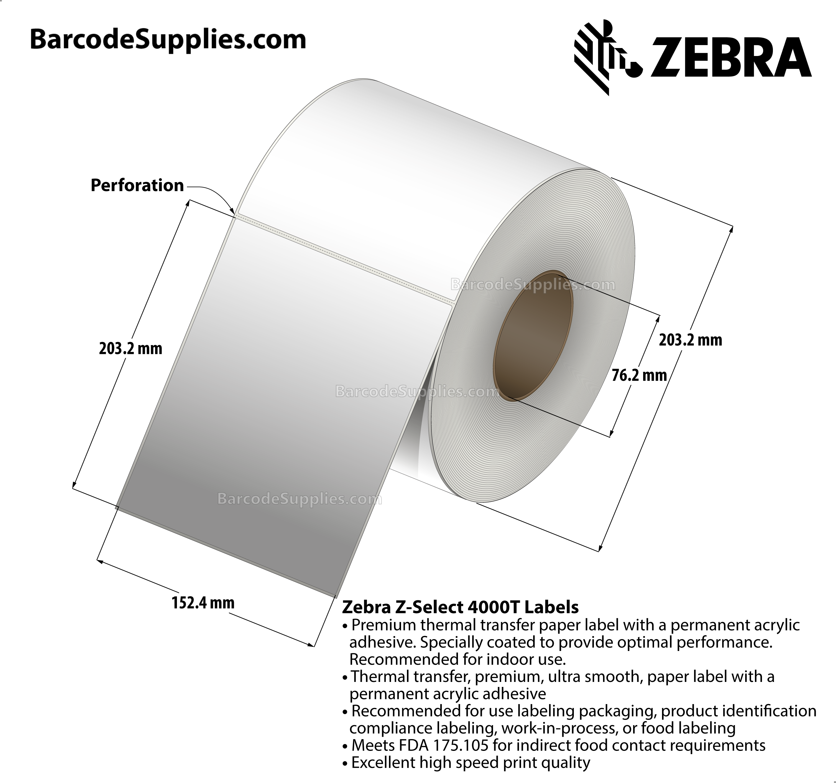 6 x 8 Thermal Transfer White Z-Select 4000T Labels With Permanent Adhesive - Perforated - 690 Labels Per Roll - Carton Of 2 Rolls - 1380 Labels Total - MPN: 94683