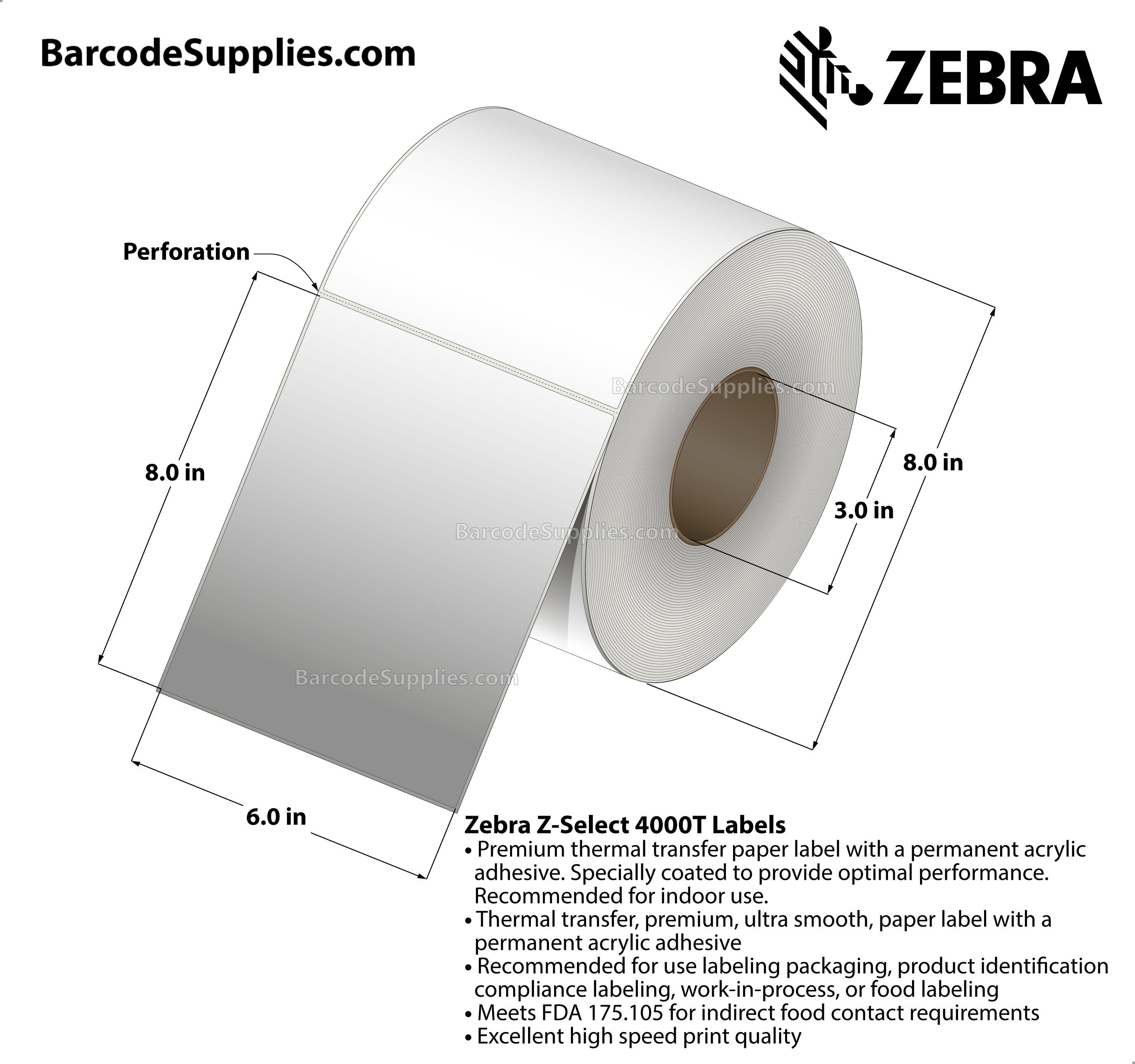 6 x 8 Thermal Transfer White Z-Select 4000T Labels With Permanent Adhesive - Perforated - 690 Labels Per Roll - Carton Of 2 Rolls - 1380 Labels Total - MPN: 94683