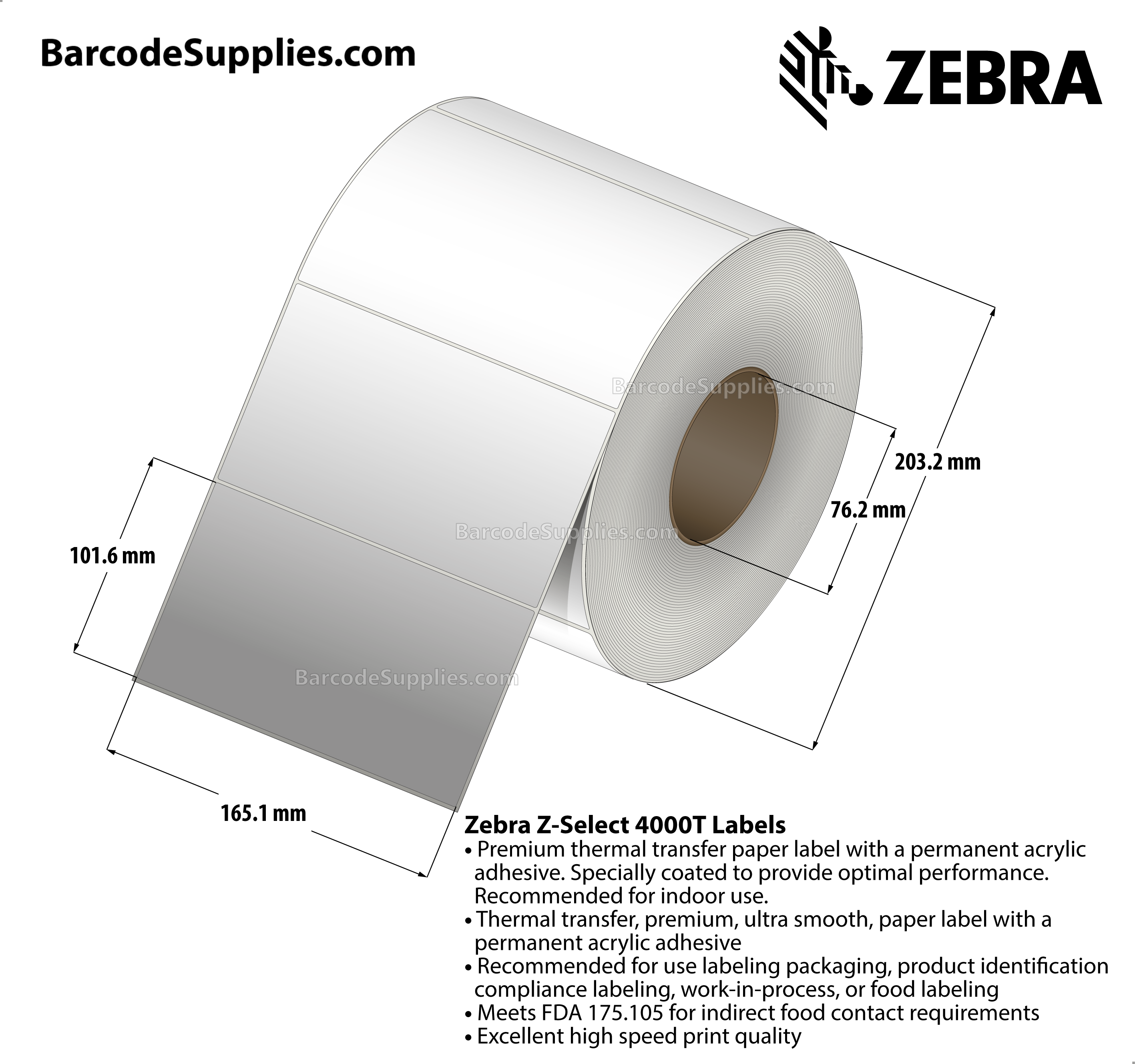 6.5 x 4 Thermal Transfer White Z-Select 4000T Labels With Permanent Adhesive - Not Perforated - 1410 Labels Per Roll - Carton Of 2 Rolls - 2820 Labels Total - MPN: 72302