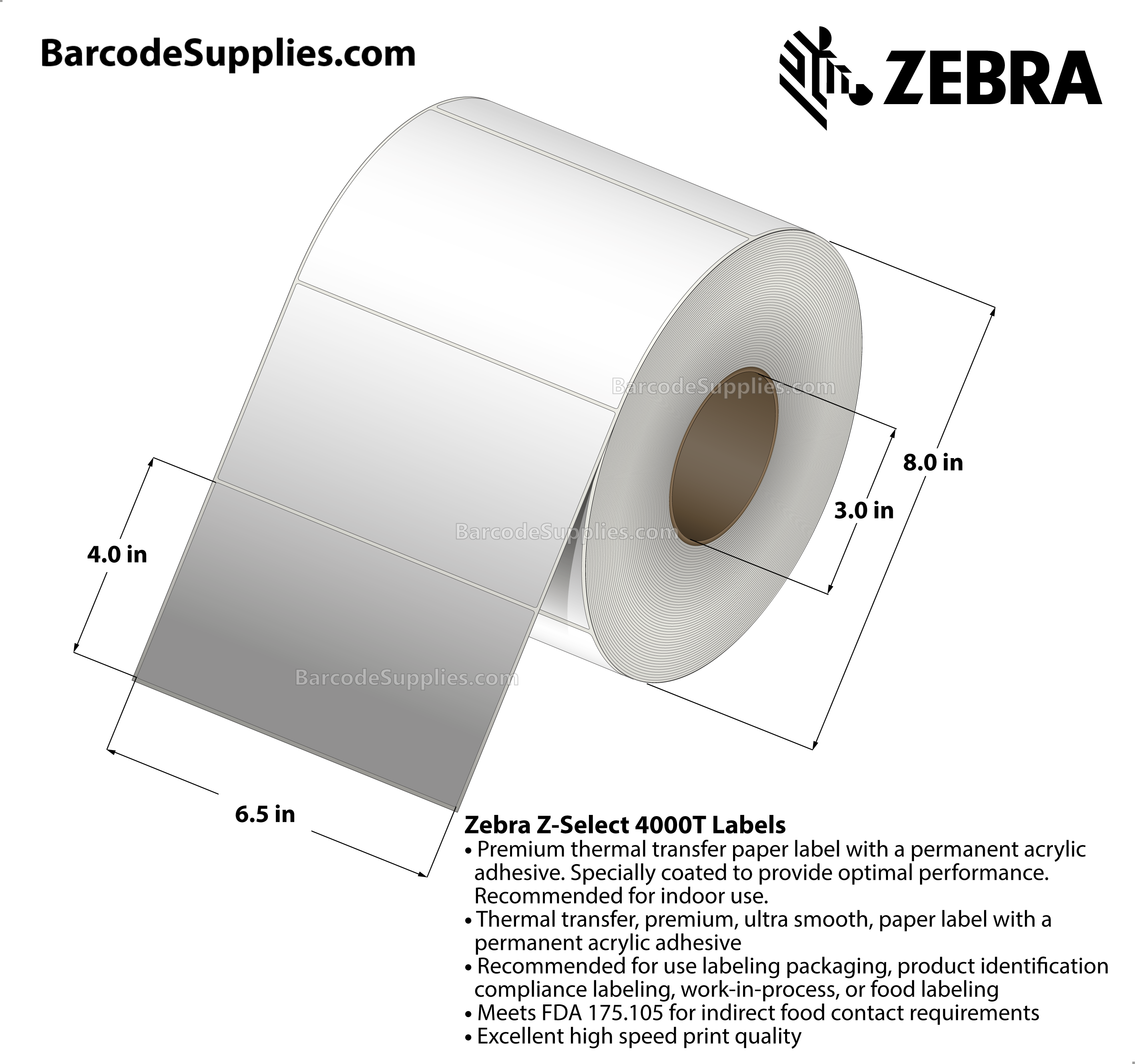 6.5 x 4 Thermal Transfer White Z-Select 4000T Labels With Permanent Adhesive - Not Perforated - 1410 Labels Per Roll - Carton Of 2 Rolls - 2820 Labels Total - MPN: 72302