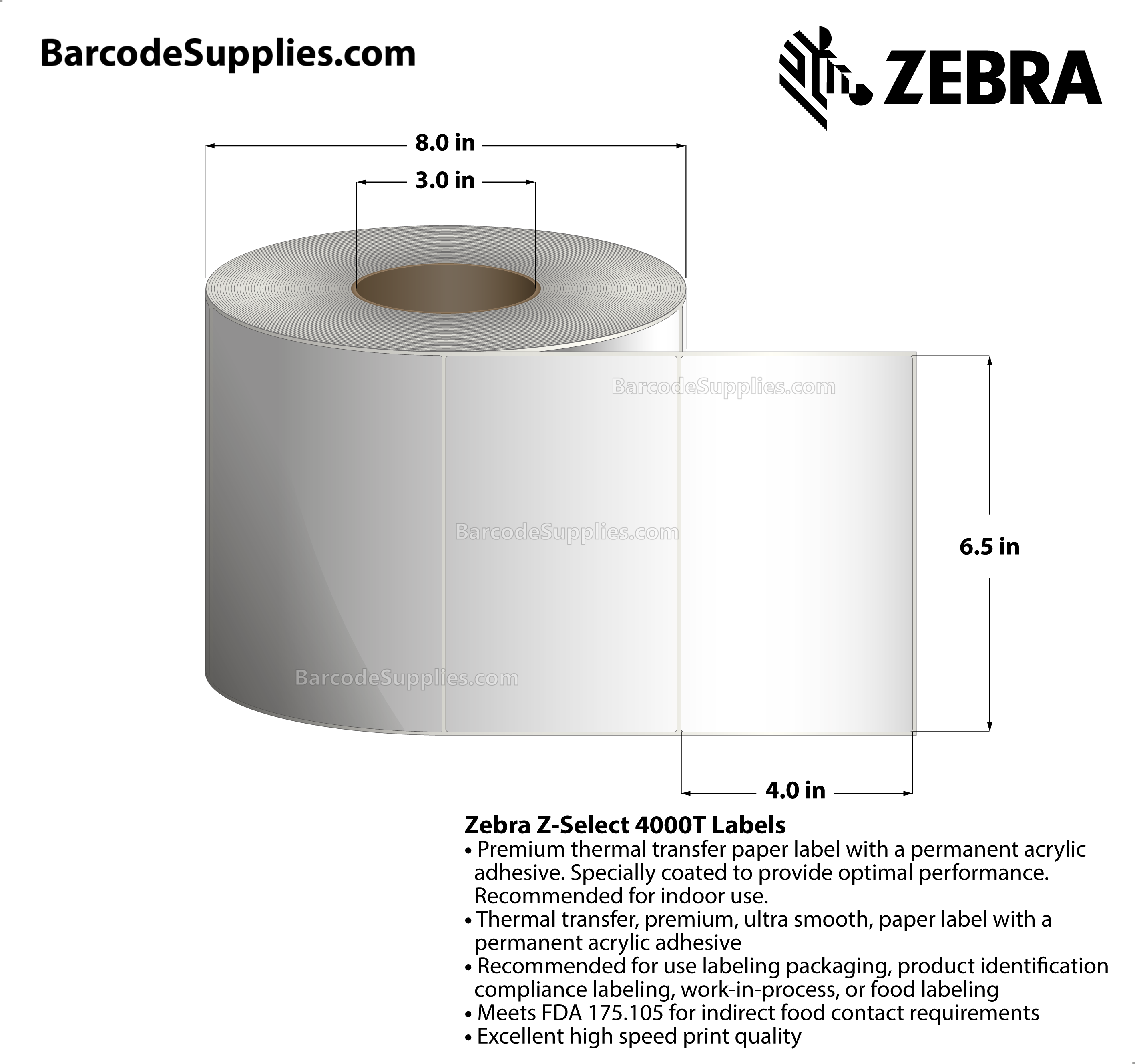 6.5 x 4 Thermal Transfer White Z-Select 4000T Labels With Permanent Adhesive - Not Perforated - 1410 Labels Per Roll - Carton Of 2 Rolls - 2820 Labels Total - MPN: 72302