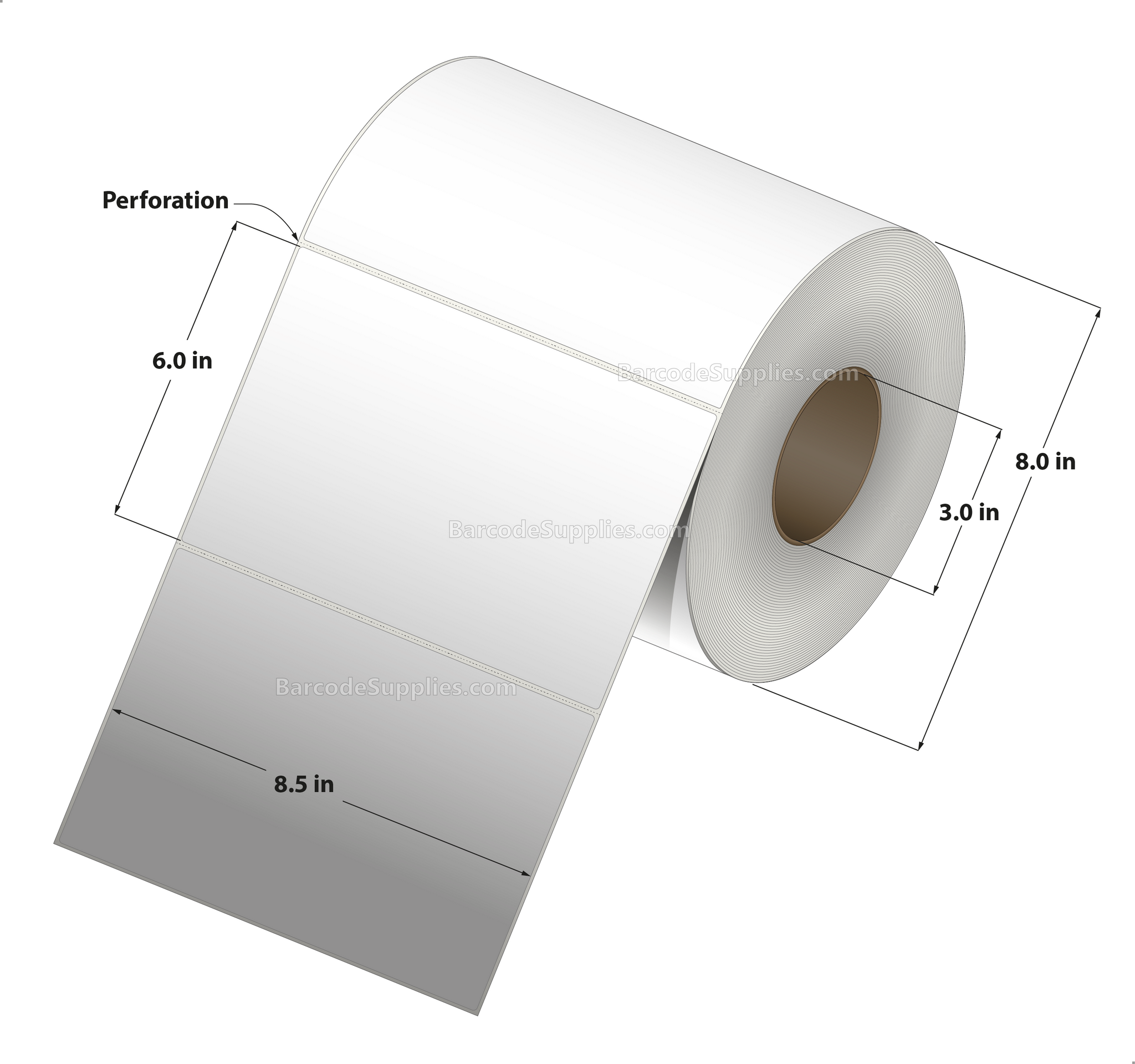 8.5 x 6 Thermal Transfer White Labels With Permanent Adhesive - Perforated - 1000 Labels Per Roll - Carton Of 4 Rolls - 4000 Labels Total - MPN: RT-85-6-1000-3