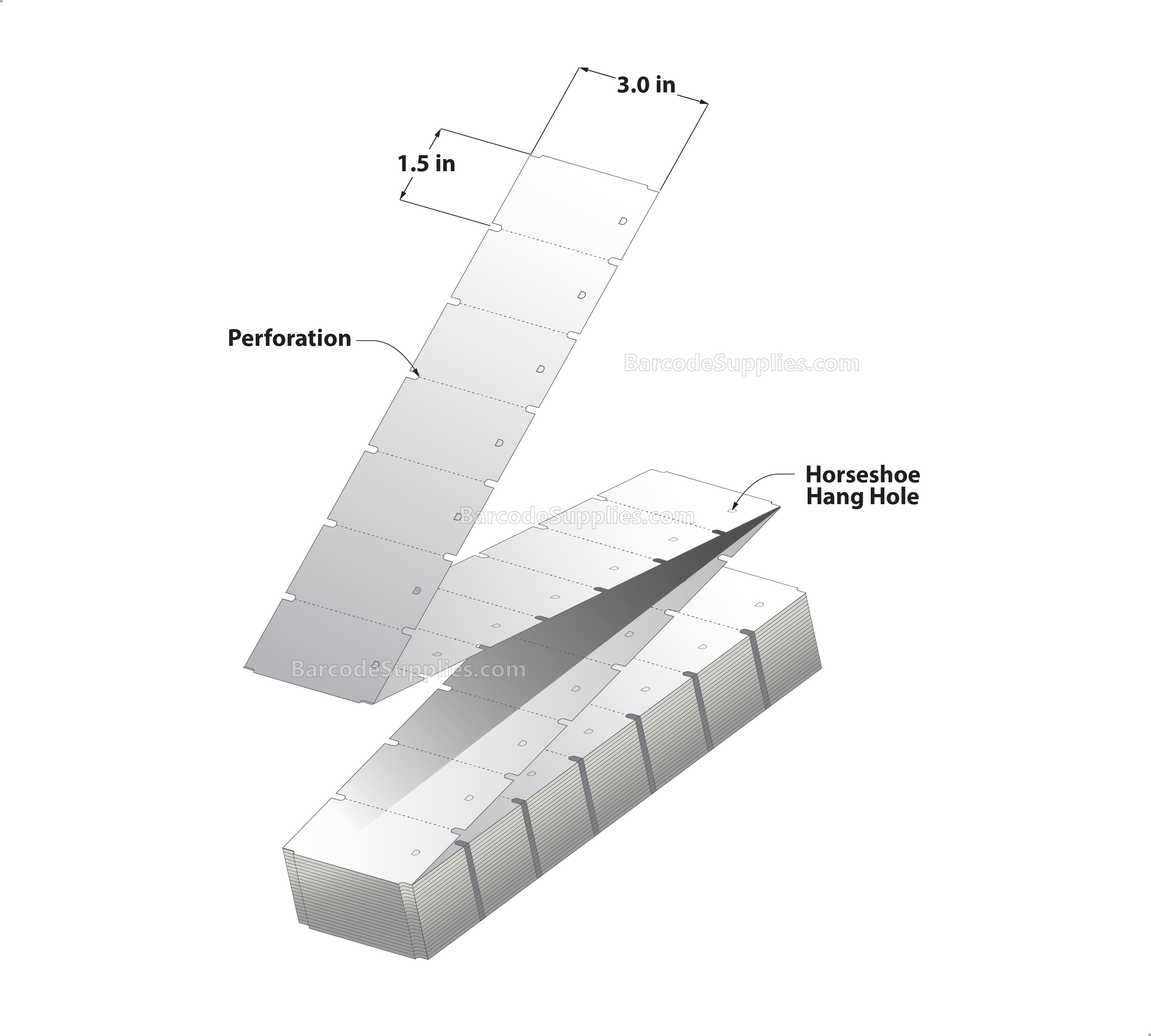 3 x 1.5 Thermal Transfer White Tags With No Adhesive - Perforated - 4000 Tags Per Stack - Carton Of 2 Stacks - 8000 Tags Total - MPN: RTAG-3-15-4000-FF