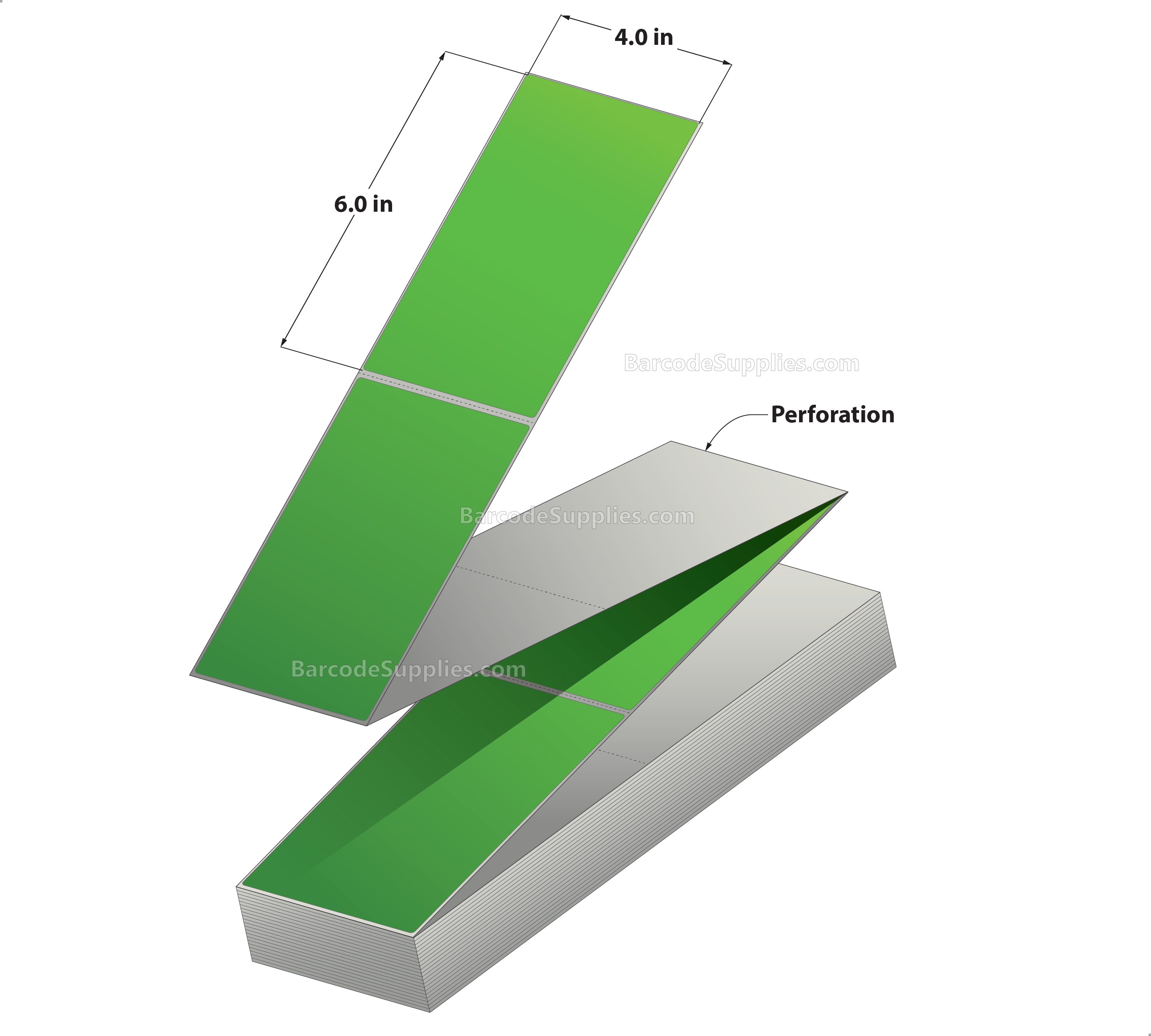 4 x 6 Thermal Transfer Fluorescent Green Labels With Permanent Acrylic Adhesive - Perforated - 2000 Labels Per Stack - Carton Of 2 Stacks - 4000 Labels Total - MPN: THF46-1PFG
