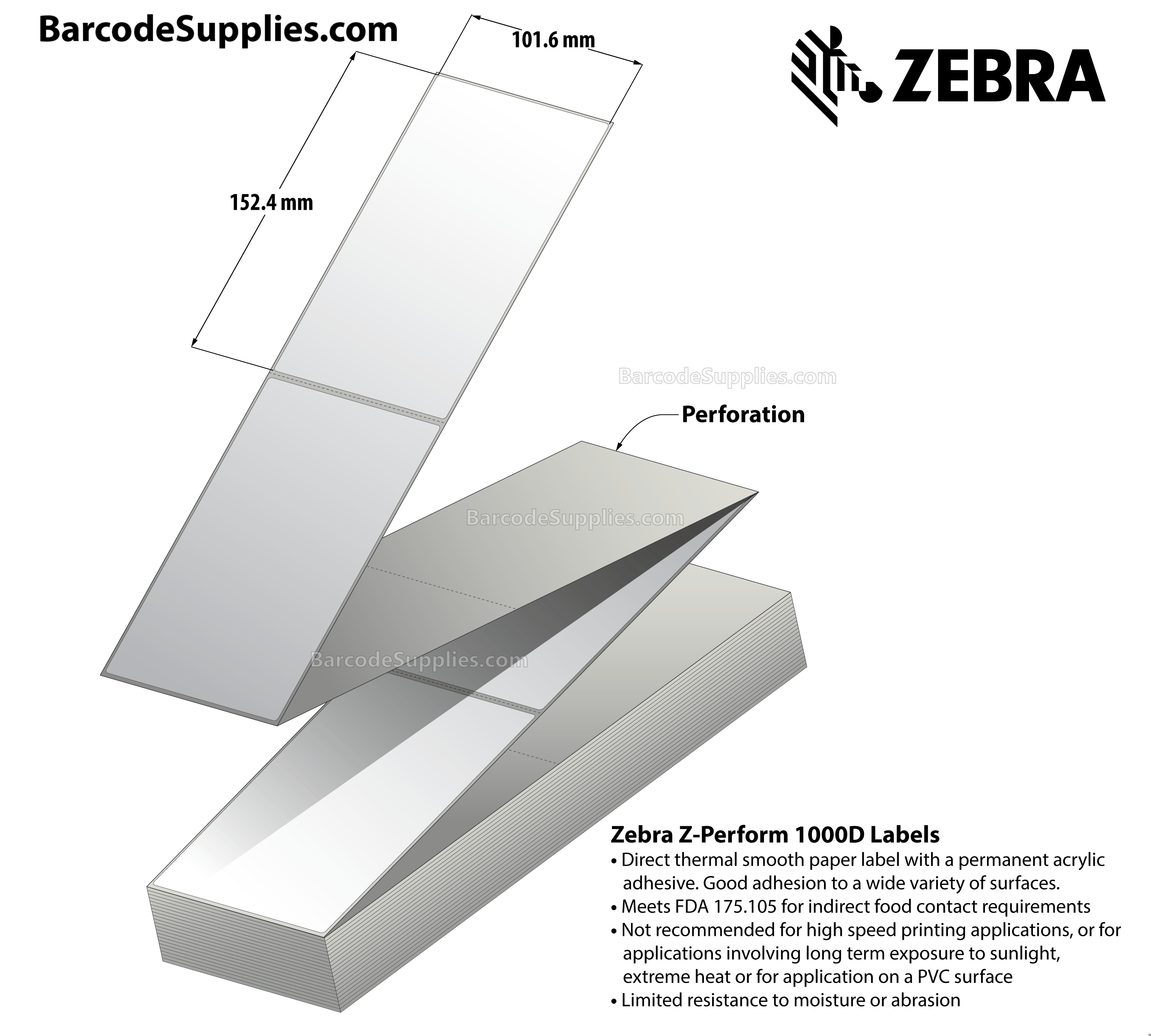 4 x 6 Direct Thermal White Z-Perform 1000D (Fanfold) Labels With Permanent Adhesive - Perforated - 2000 Labels Per Stack - Carton Of 2 Stacks - 4000 Labels Total - MPN: 10015366