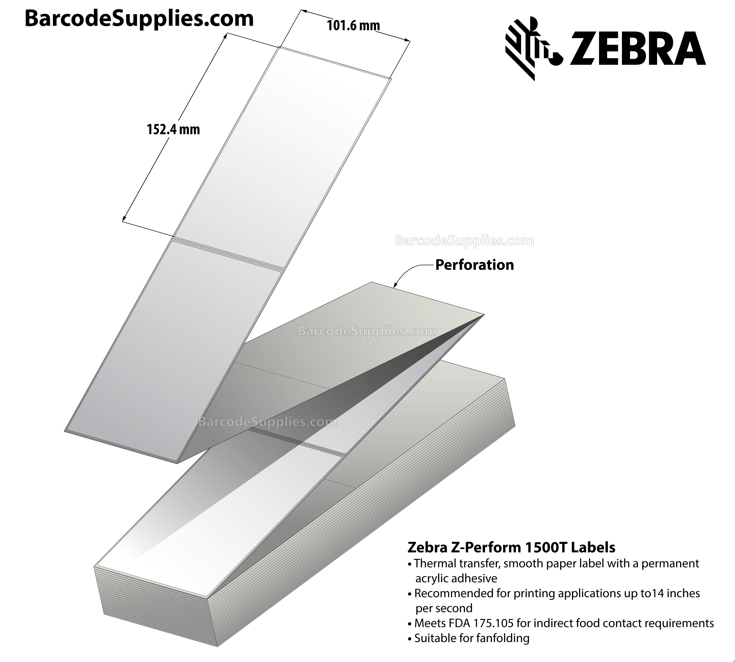 4 x 6 Thermal Transfer White Z-Perform 1500T (Fanfold) Labels With Permanent Adhesive - Perforated - 2000 Labels Per Stack - Carton Of 2 Stacks - 4000 Labels Total - MPN: 10021198