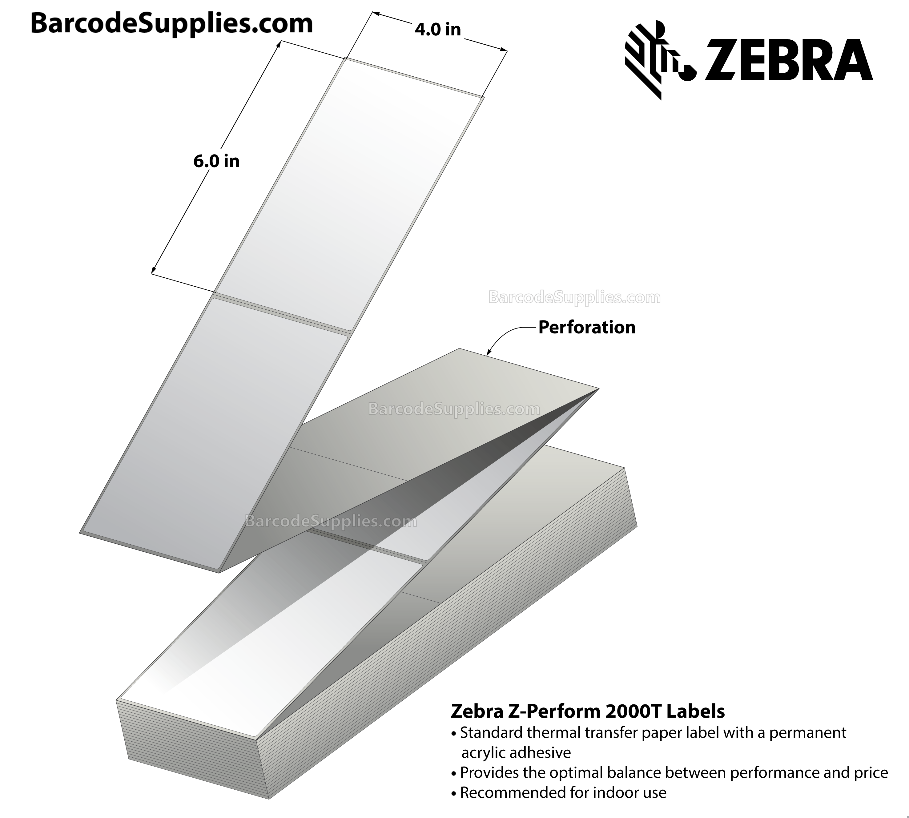 4 x 6 Thermal Transfer White Z-Perform 2000T (Fanfold) Labels With Permanent Adhesive - Perforated - 2000 Labels Per Stack - Carton Of 2 Stacks - 4000 Labels Total - MPN: 10000299