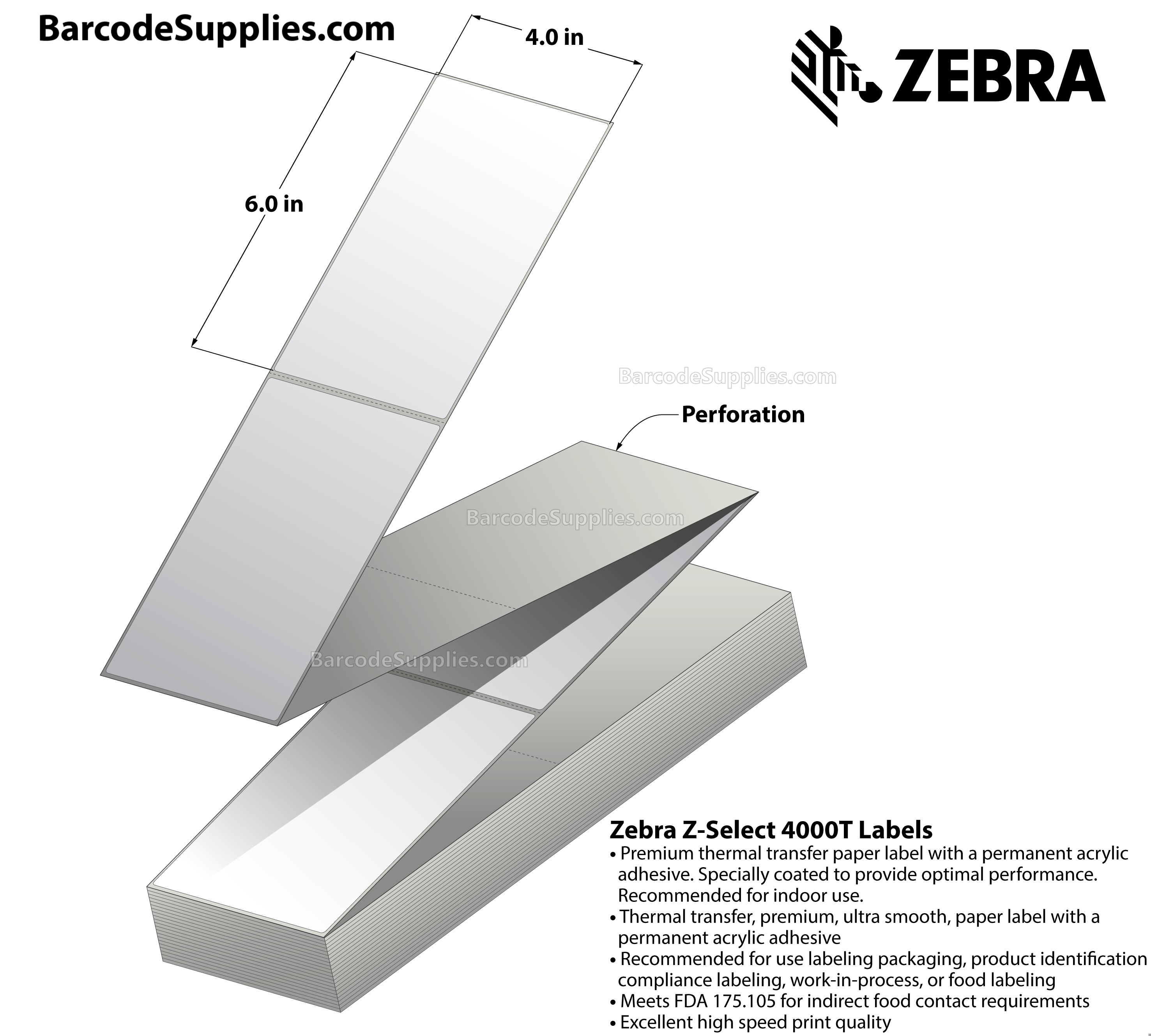 4 x 6 Thermal Transfer White Z-Select 4000T (Fanfold) Labels With Permanent Adhesive - Perforated - 900 Labels Per Stack - Carton Of 6 Stacks - 5400 Labels Total - MPN: 72295