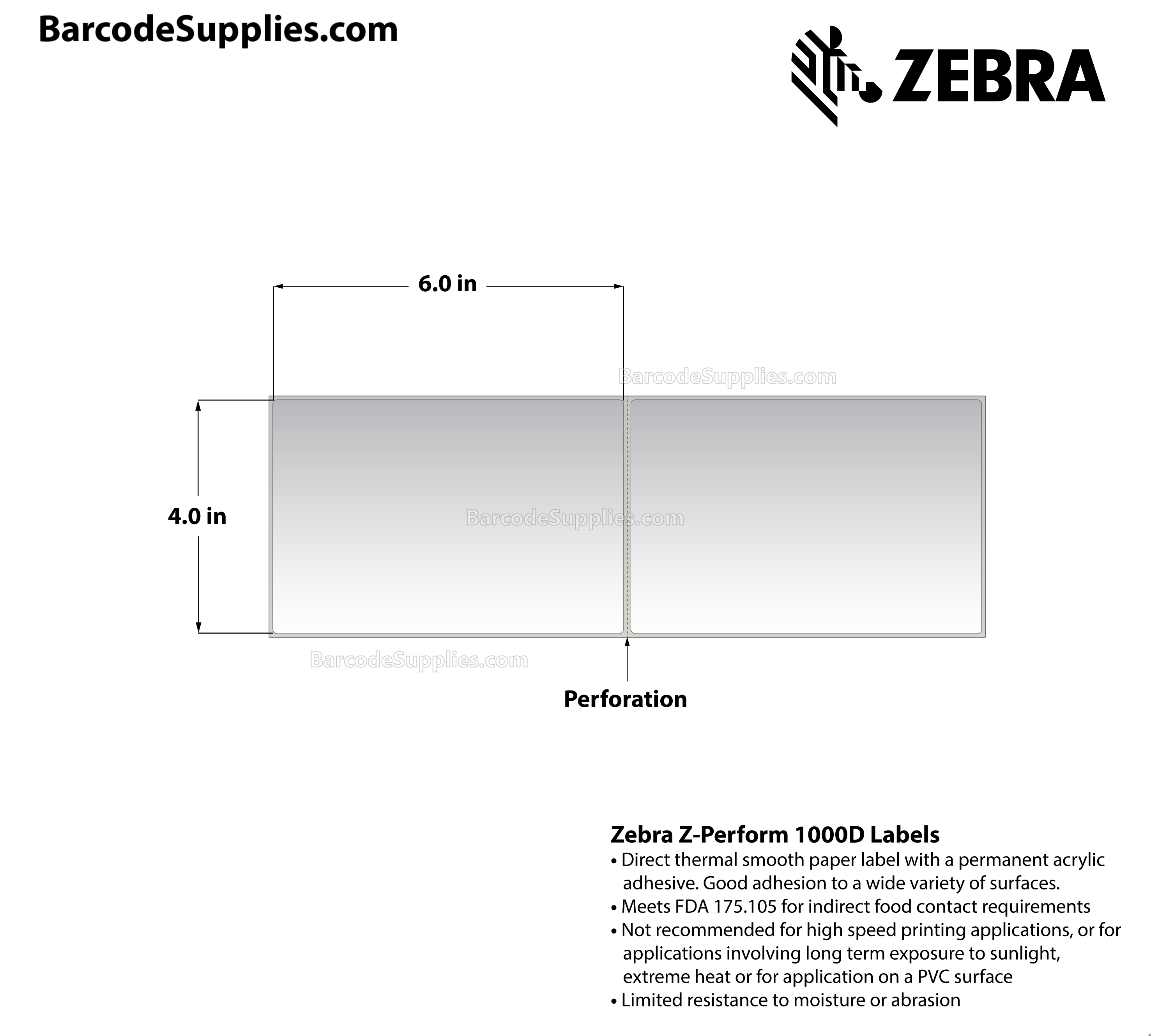 4 x 6 Direct Thermal White Z-Perform 1000D (Fanfold) Labels With Permanent Adhesive - Perforated - 2000 Labels Per Stack - Carton Of 2 Stacks - 4000 Labels Total - MPN: 10015366