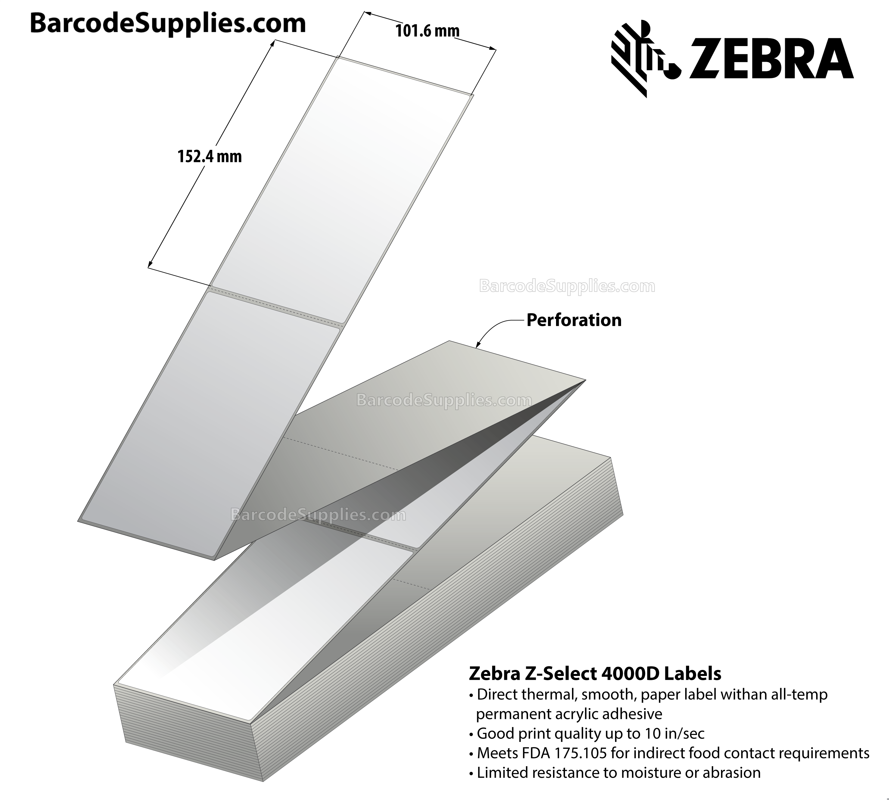 4 x 6 Direct Thermal White Z-Select 4000D (Fanfold) Labels With All-Temp Adhesive - Perforated - 720 Labels Per Stack - Carton Of 6 Stacks - 4320 Labels Total - MPN: 83398