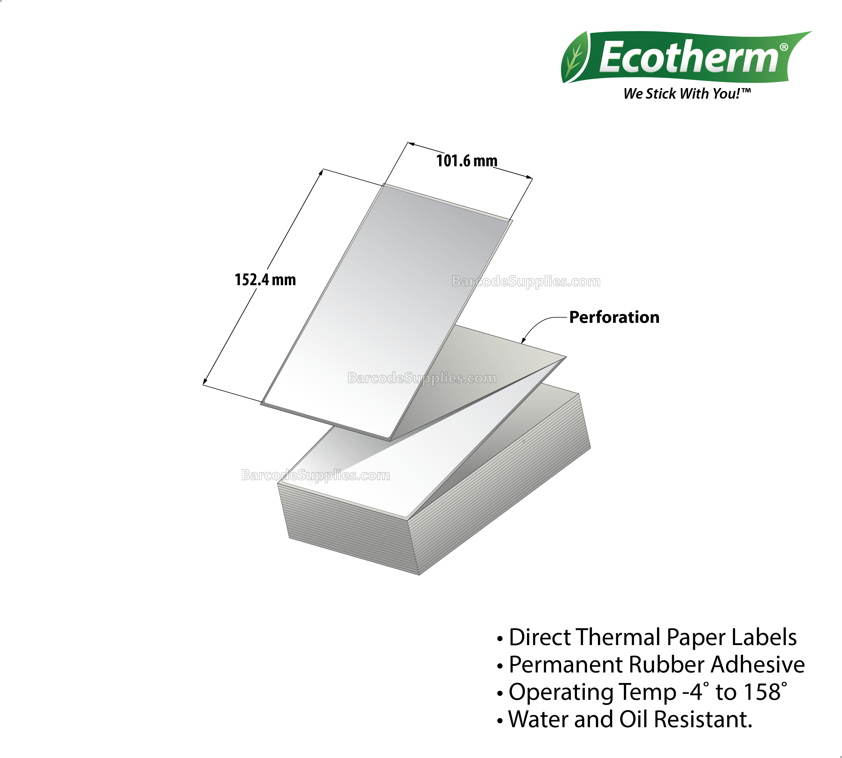 4 x 6 Direct Thermal White Labels With Rubber Adhesive - Perforated - 500 Labels Per Stack - Carton Of 1 Stacks - 500 Labels Total - MPN: ECOTHERM1F101-500