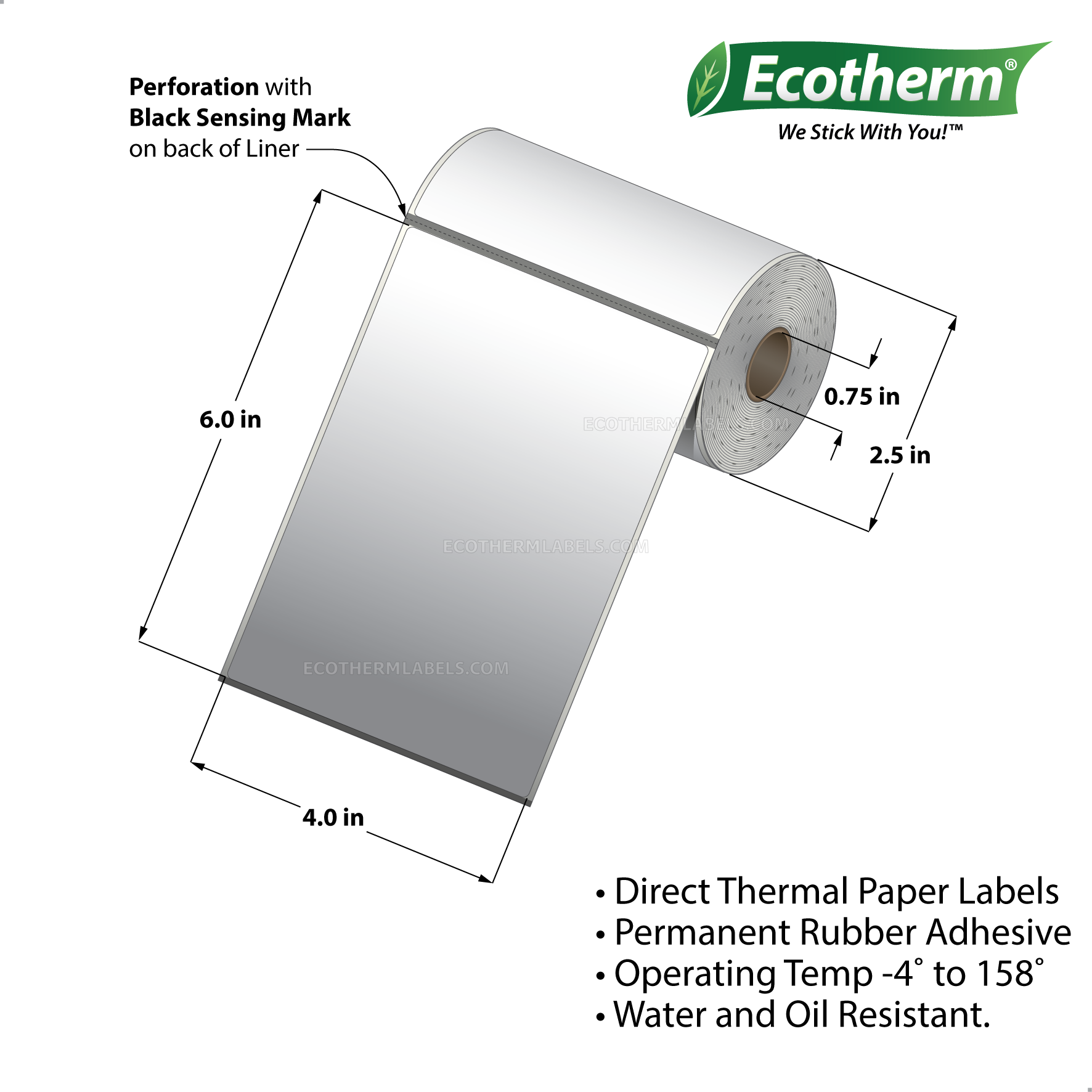 4.00 x 6.00 Direct Thermal Labels - 0.75" Core Rolls - 2625 Labels