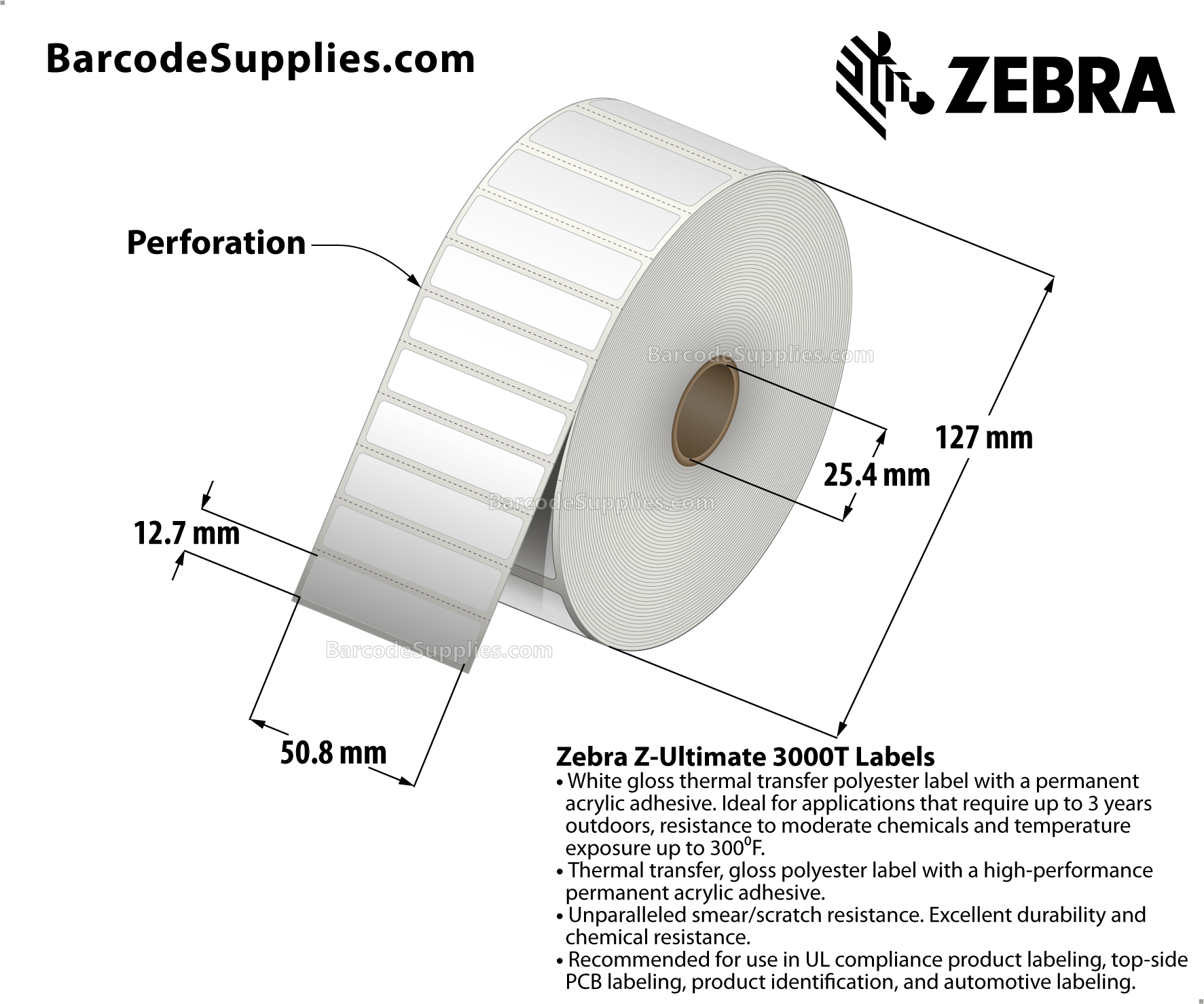 Zebra 2.00 x 0.50 Thermal Transfer Labels - Z-Ultimate 3000T - 1" Core Rolls - 4,550 Labels