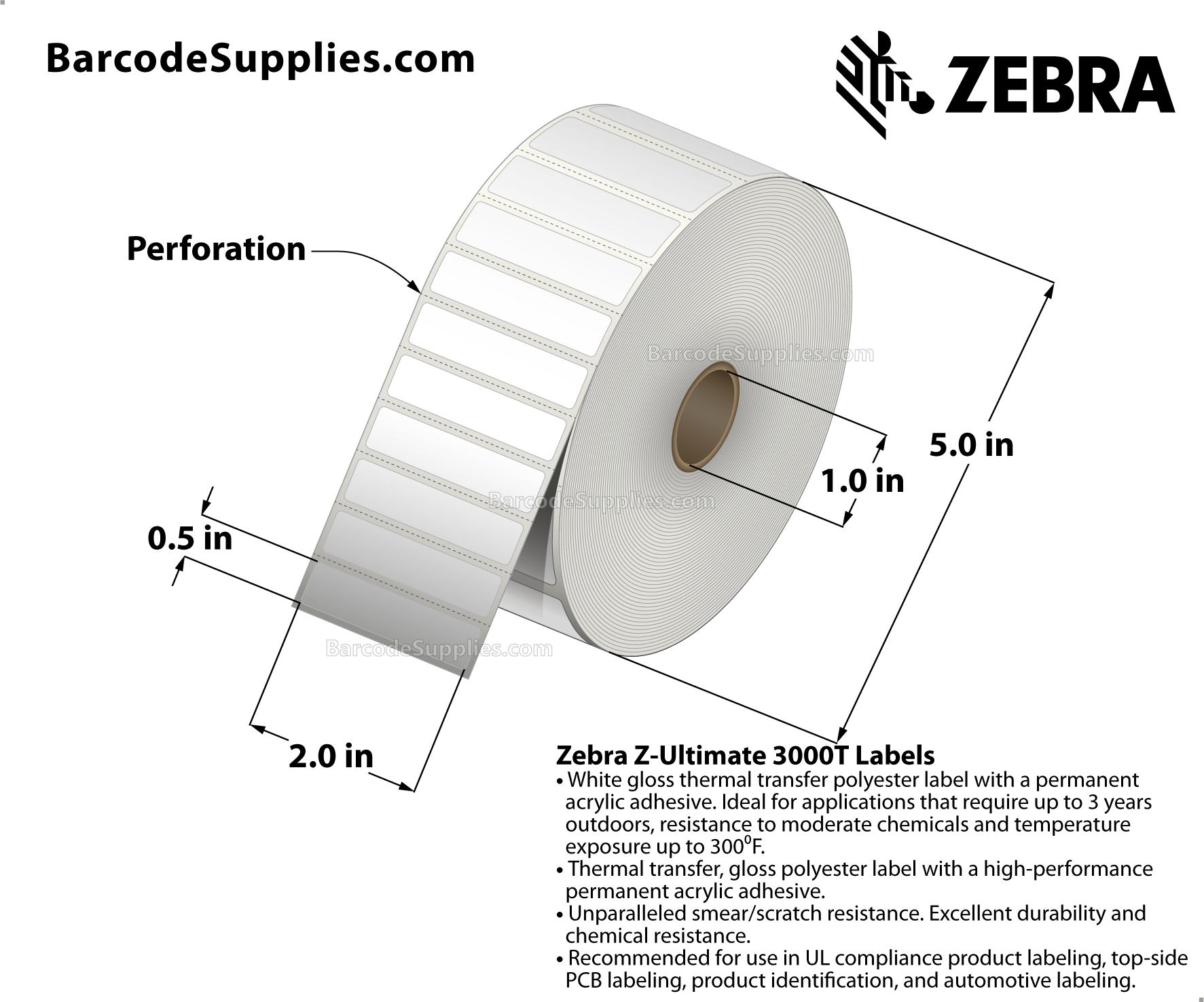 Zebra 2.00 x 0.50 Thermal Transfer Labels - Z-Ultimate 3000T - 1" Core Rolls - 4,550 Labels