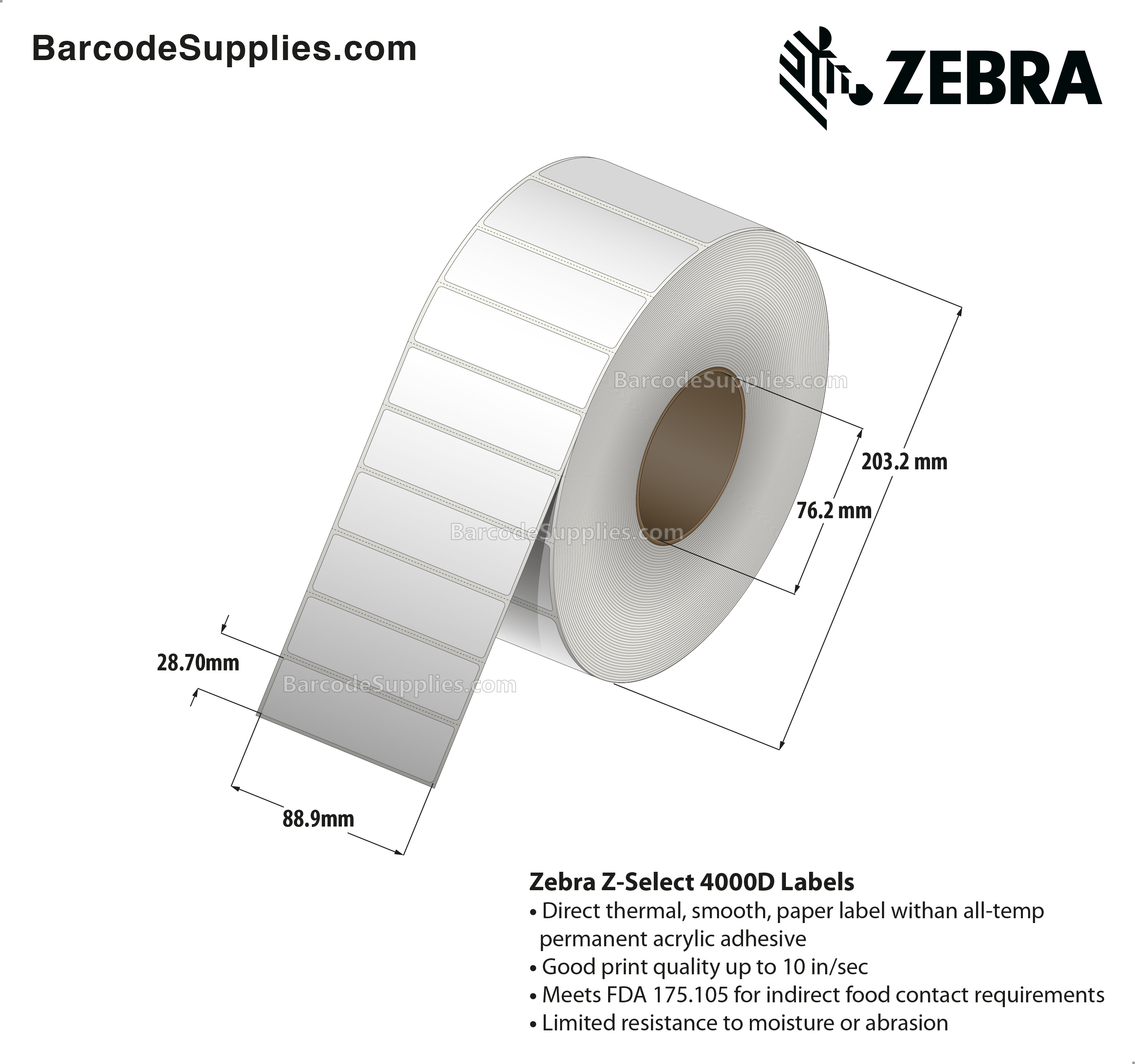 Zebra 3.50 x 1.13 Direct Thermal Labels - Z-Select 4000D - 3" Core Rolls - 31314 Labels