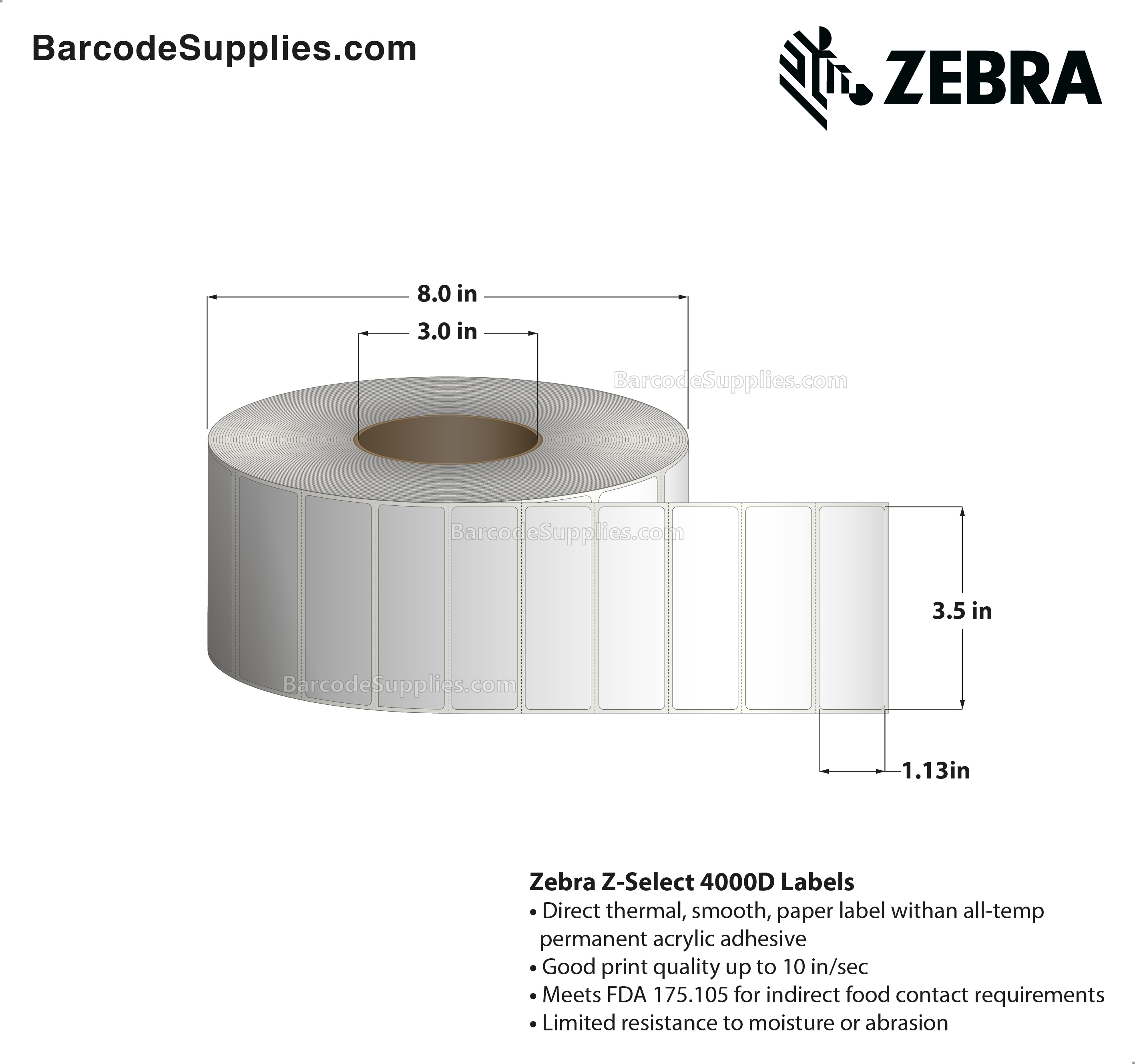 Zebra 3.50 x 1.13 Direct Thermal Labels - Z-Select 4000D - 3" Core Rolls - 31314 Labels