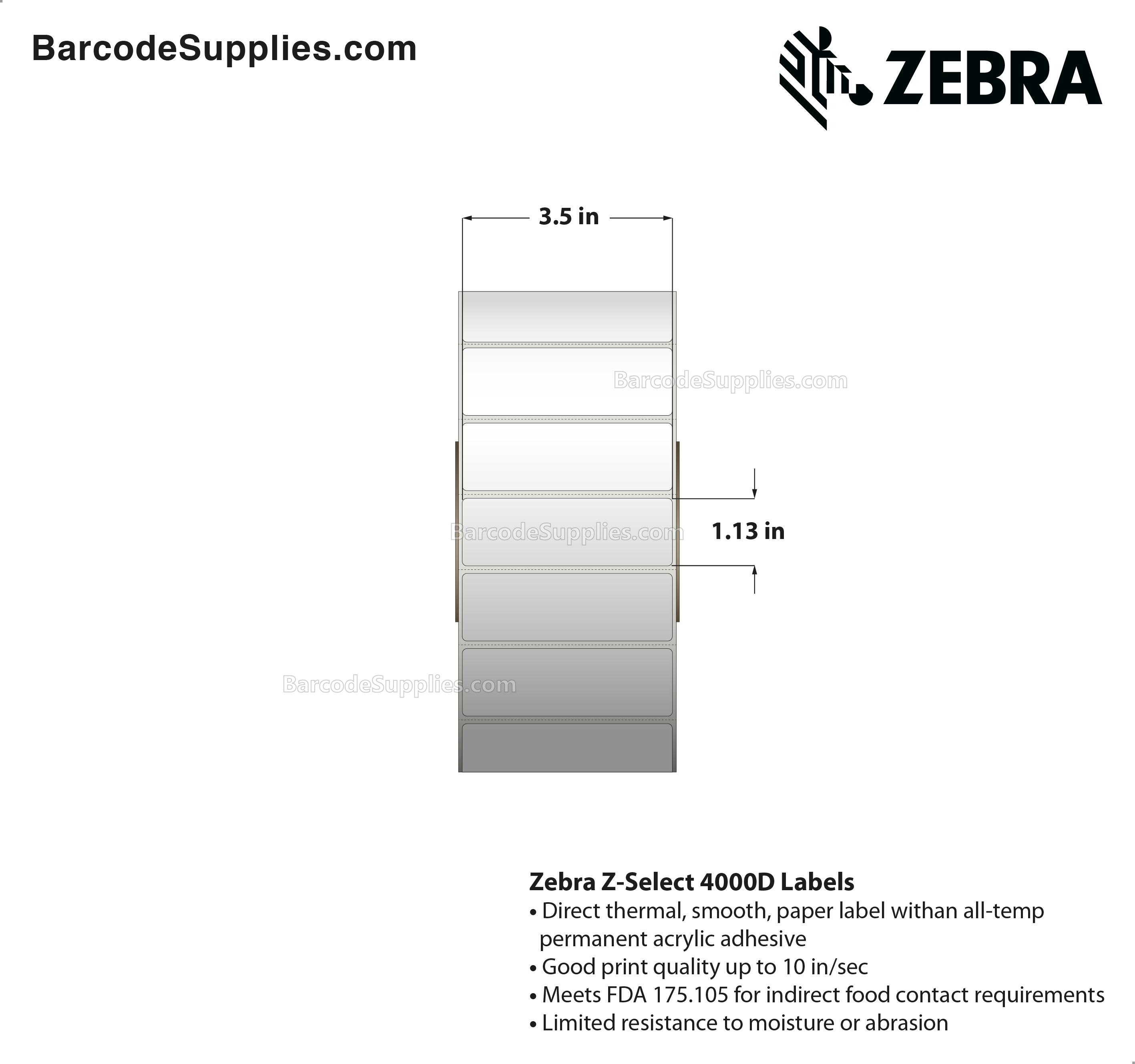 Zebra 3.50 x 1.13 Direct Thermal Labels - Z-Select 4000D - 3" Core Rolls - 31314 Labels