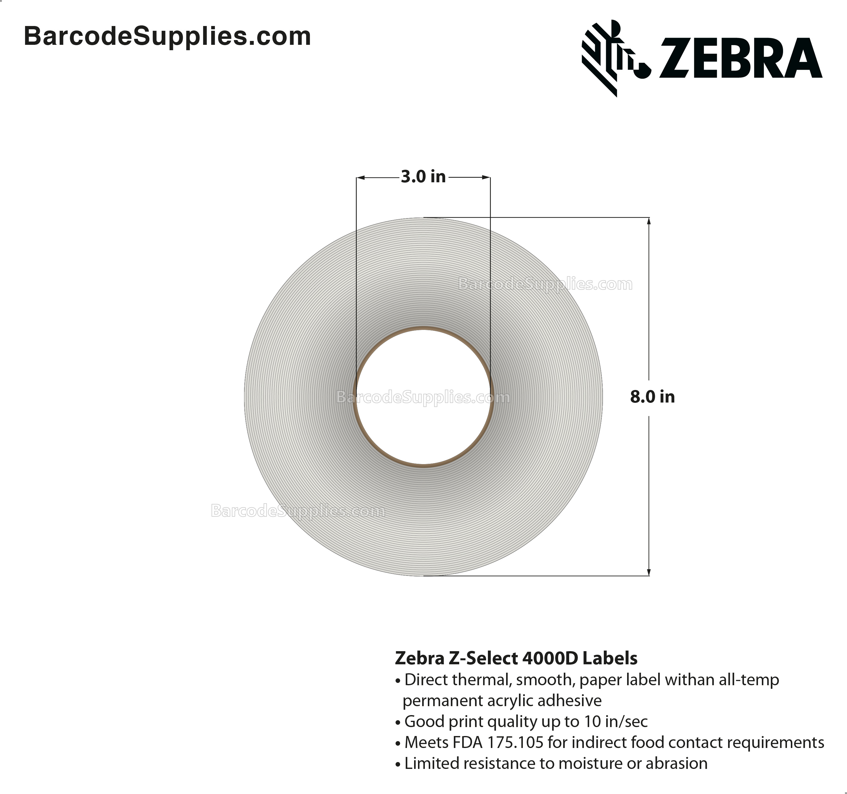 Zebra 3.50 x 1.13 Direct Thermal Labels - Z-Select 4000D - 3" Core Rolls - 31314 Labels