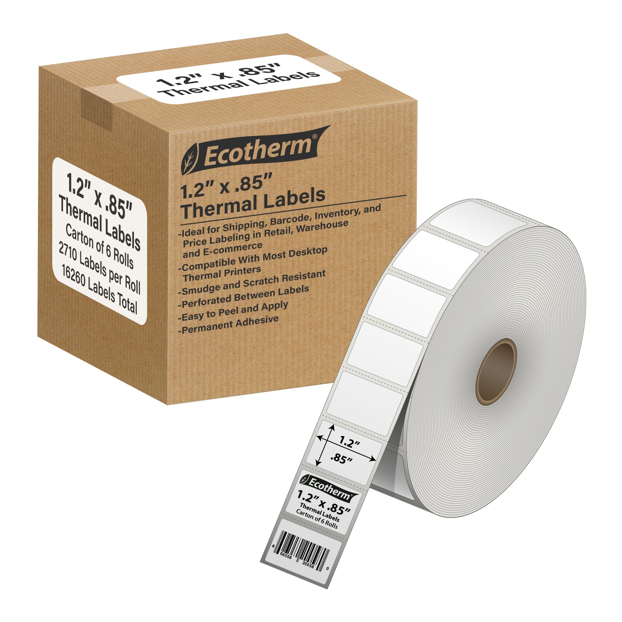 Ecotherm 1.2" x 0.85" direct thermal barcode and inventory labels — 6-roll case on 1" core, 75gsm matte white, perforated.