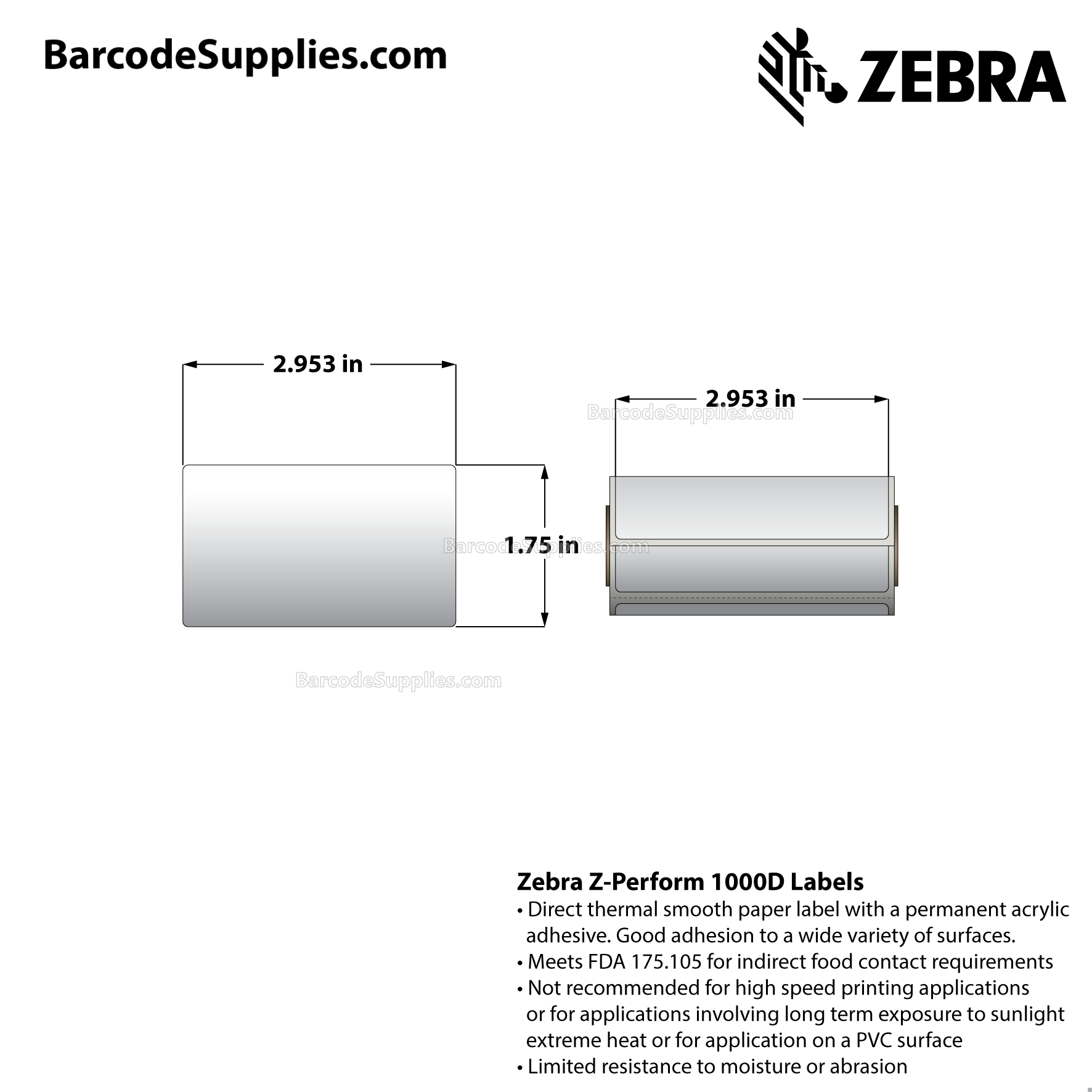 2.953125 x 1.75 Direct Thermal White Z-Perform 1000D Labels With Permanent Adhesive - Perforated - 90 Labels Per Roll - Carton Of 36 Rolls - 3240 Labels Total - MPN: 10034816