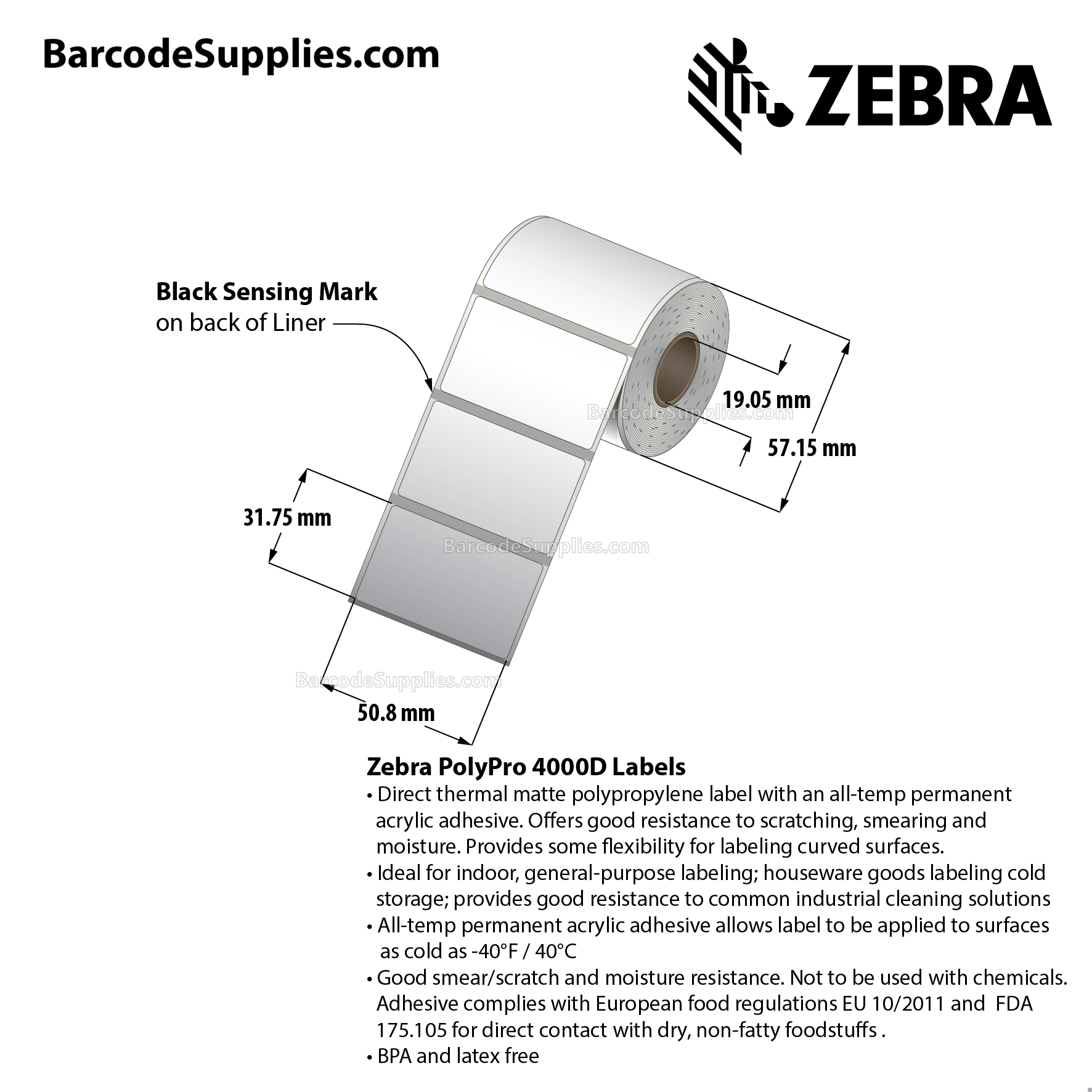2 x 1.25 Direct Thermal White PolyPro 4000D Labels With All-Temp Adhesive - Black mark sensing - Not Perforated - 280 Labels Per Roll - Carton Of 36 Rolls - 10080 Labels Total - MPN: LD-R2BF5W