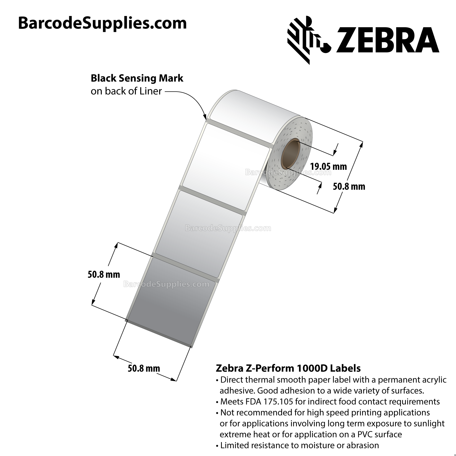 2 x 2 Direct Thermal White Z-Perform 1000D Labels With Permanent Adhesive - Black mark sensing - Not Perforated - 185 Labels Per Roll - Carton Of 36 Rolls - 6660 Labels Total - MPN: LD-R7AO5B