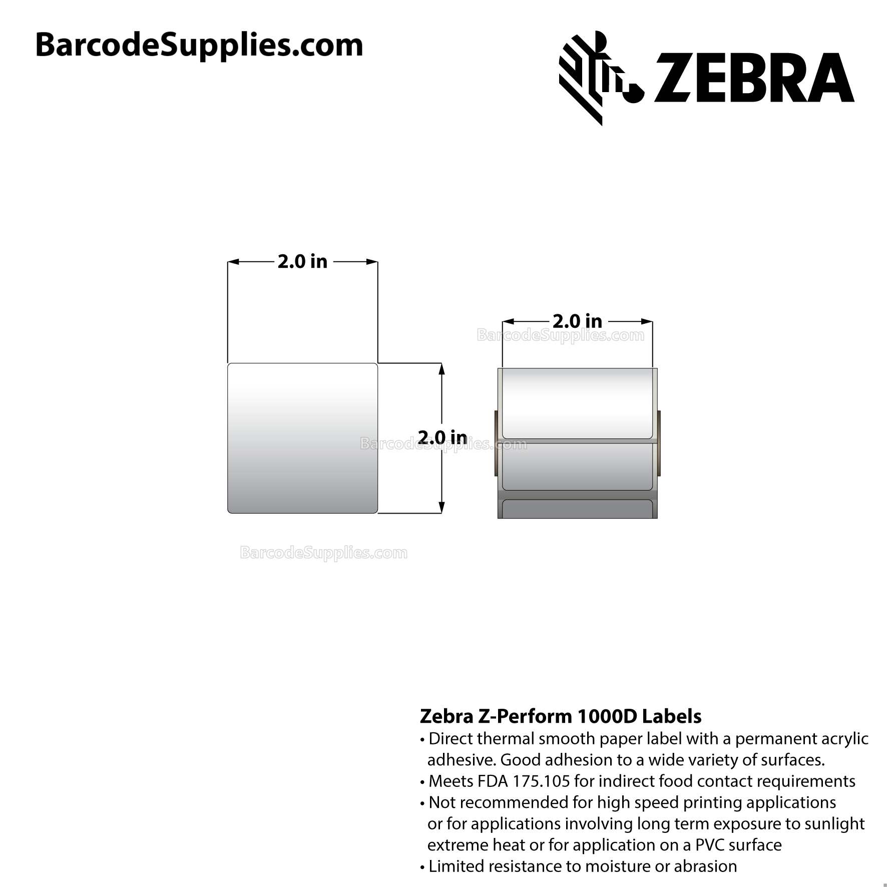 2 x 2 Direct Thermal White Z-Perform 1000D Labels With Permanent Adhesive - Black mark sensing - Not Perforated - 185 Labels Per Roll - Carton Of 36 Rolls - 6660 Labels Total - MPN: LD-R7AO5B