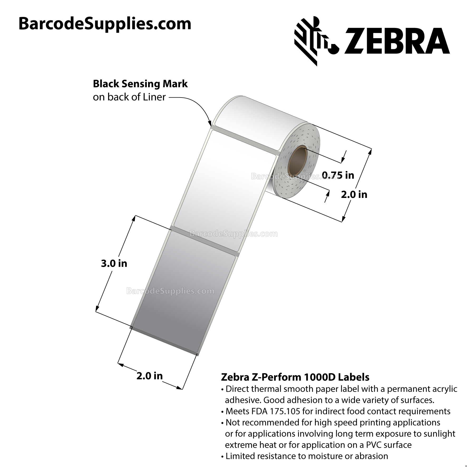 2 x 3 Direct Thermal White Z-Perform 1000D Labels With Permanent Adhesive - Black mark sensing - Not Perforated - 125 Labels Per Roll - Carton Of 36 Rolls - 4500 Labels Total - MPN: LD-R7AM5R