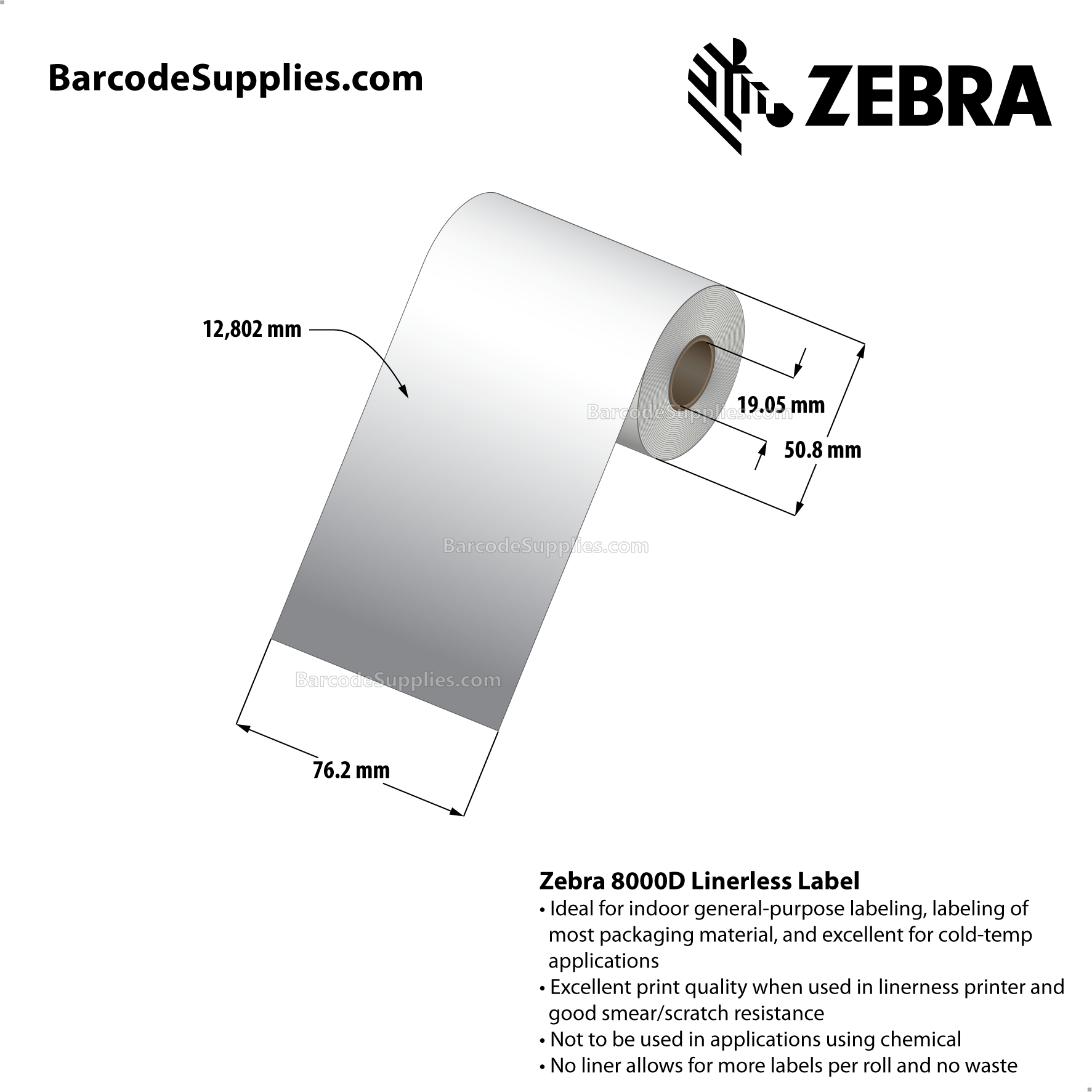 3 x 42' Direct Thermal White 8000D Linerless Labels With Permanent Adhesive - Requires linerless roller - Continuous - Labels Per Roll - Carton Of 36 Rolls - 0 Labels Total - MPN: 10024007
