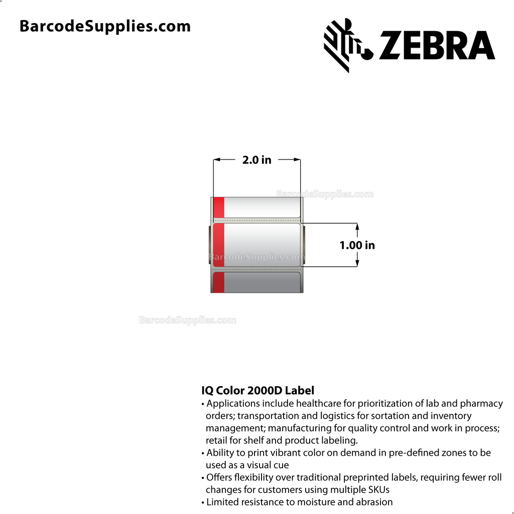 Zebra 2.00 x 1.00 Direct Thermal Labels IQ Color 2000D 0.75" Core Rolls  16200 Labels
