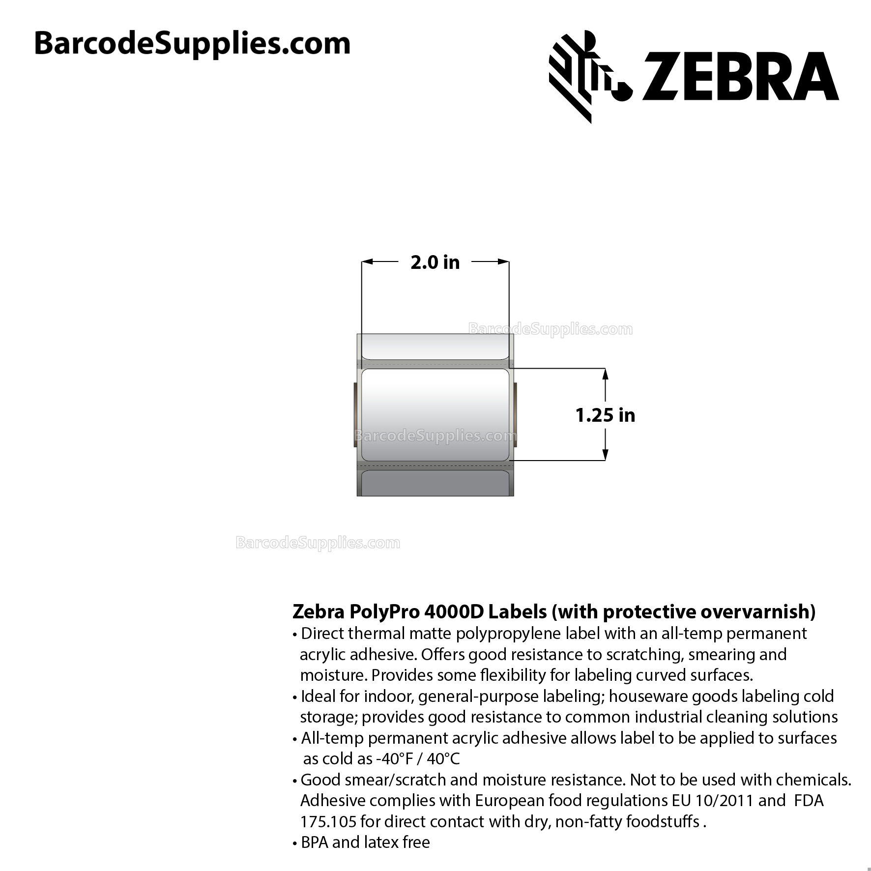 Zebra 2.00 x 1.25 Direct Thermal Labels PolyPro 4000D (with protective  overvarnish) 0.75" Core Rolls 4560 Labels