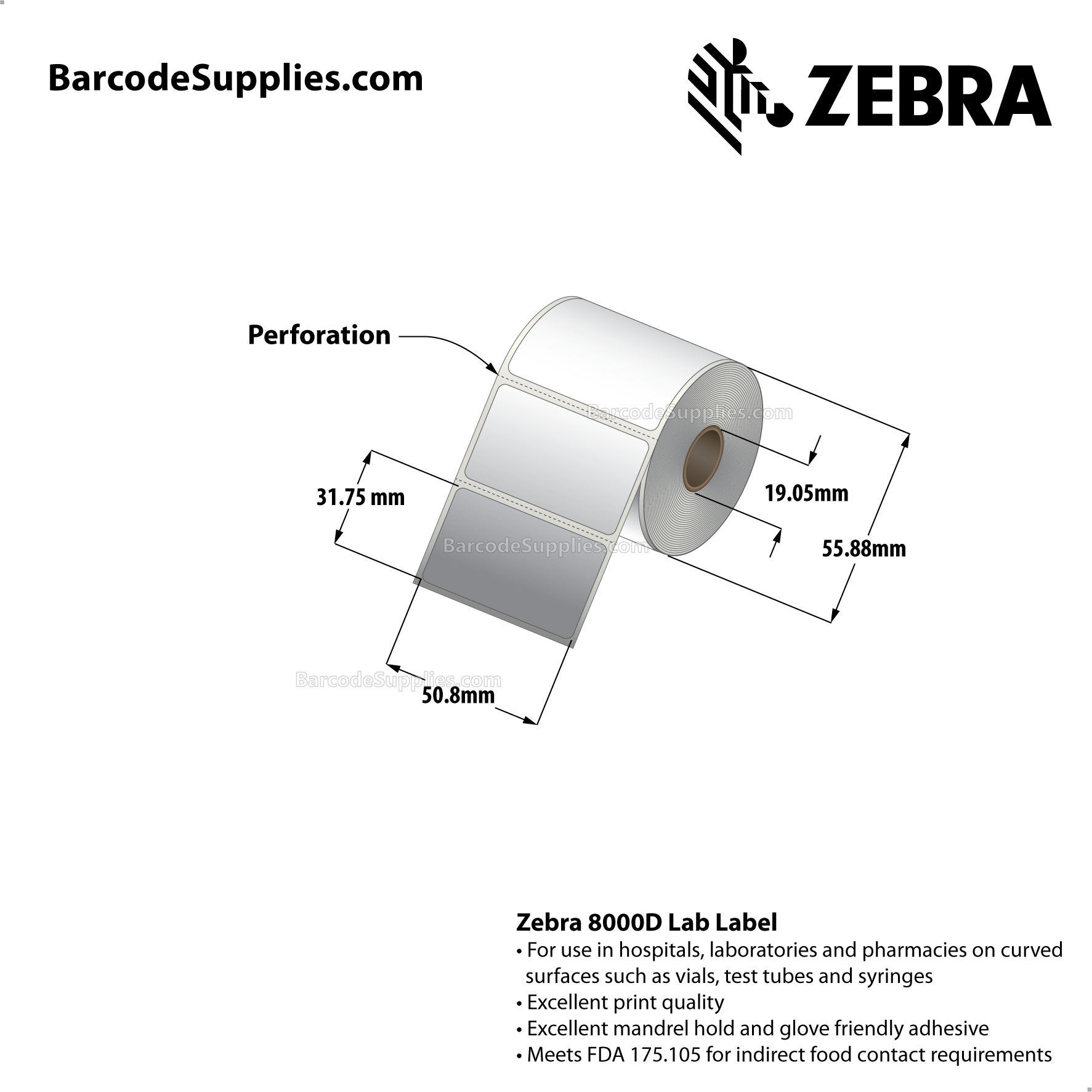2 x 1.25 Direct Thermal White 8000D Lab Labels With Permanent Adhesive - Mobile specimen collection label for Meditech - Perforated - 330 Labels Per Roll - Carton Of 12 Rolls - 3960 Labels Total - MPN: 10015772