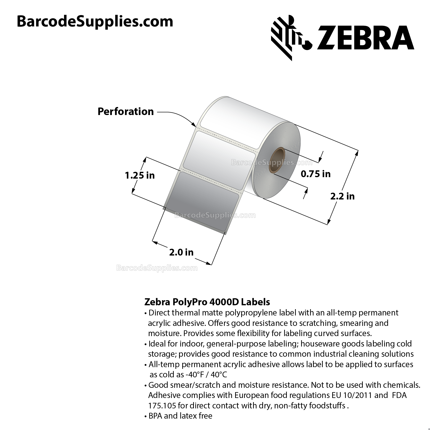 2 x 1.25 Direct Thermal White PolyPro 4000D Labels With All-Temp Adhesive - Perforated - 380 Labels Per Roll - Carton Of 12 Rolls - 4560 Labels Total - MPN: 10015778