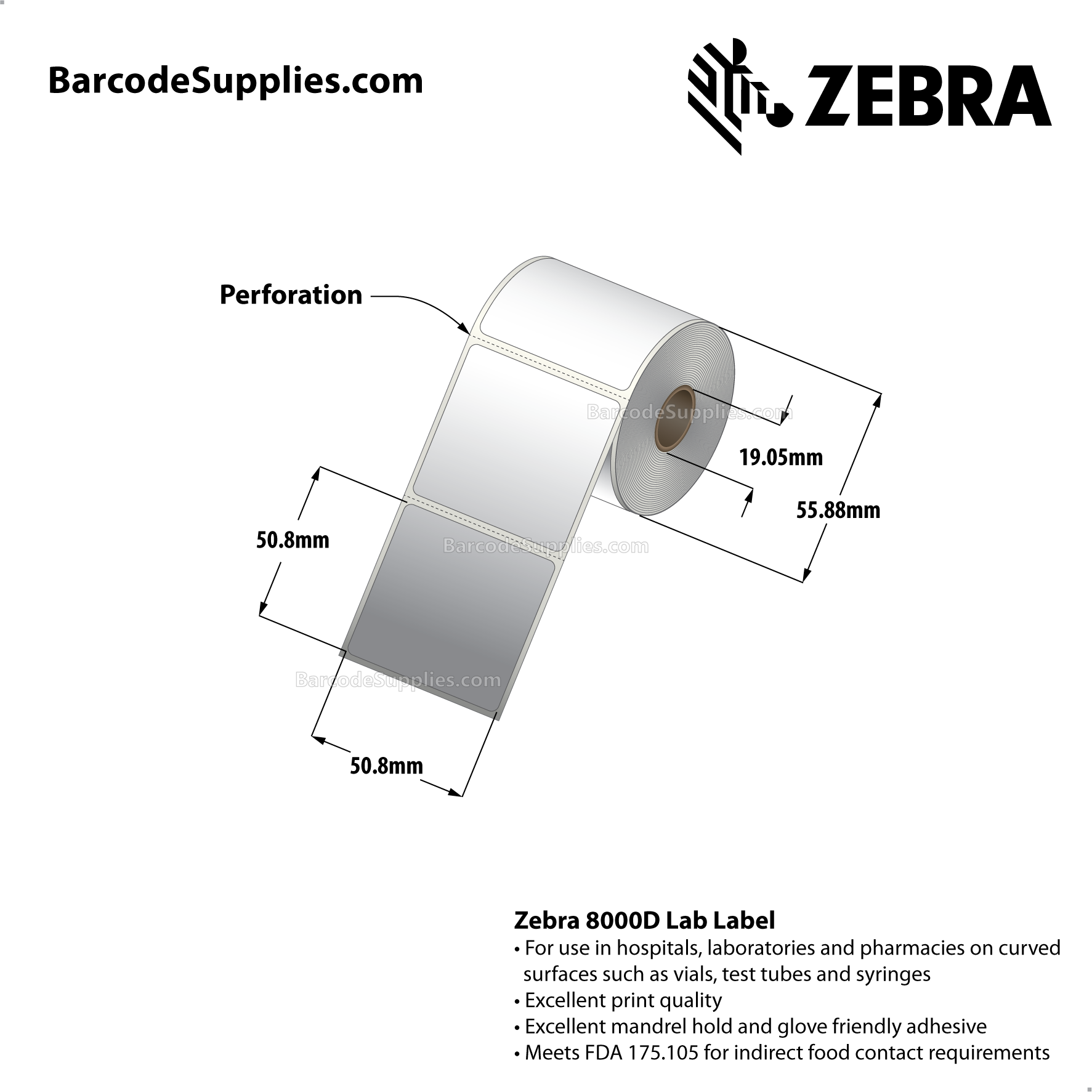 2 x 2 Direct Thermal White 8000D Lab Labels With High-tack Adhesive - Perforated - 215 Labels Per Roll - Carton Of 12 Rolls - 2580 Labels Total - MPN: 10015774