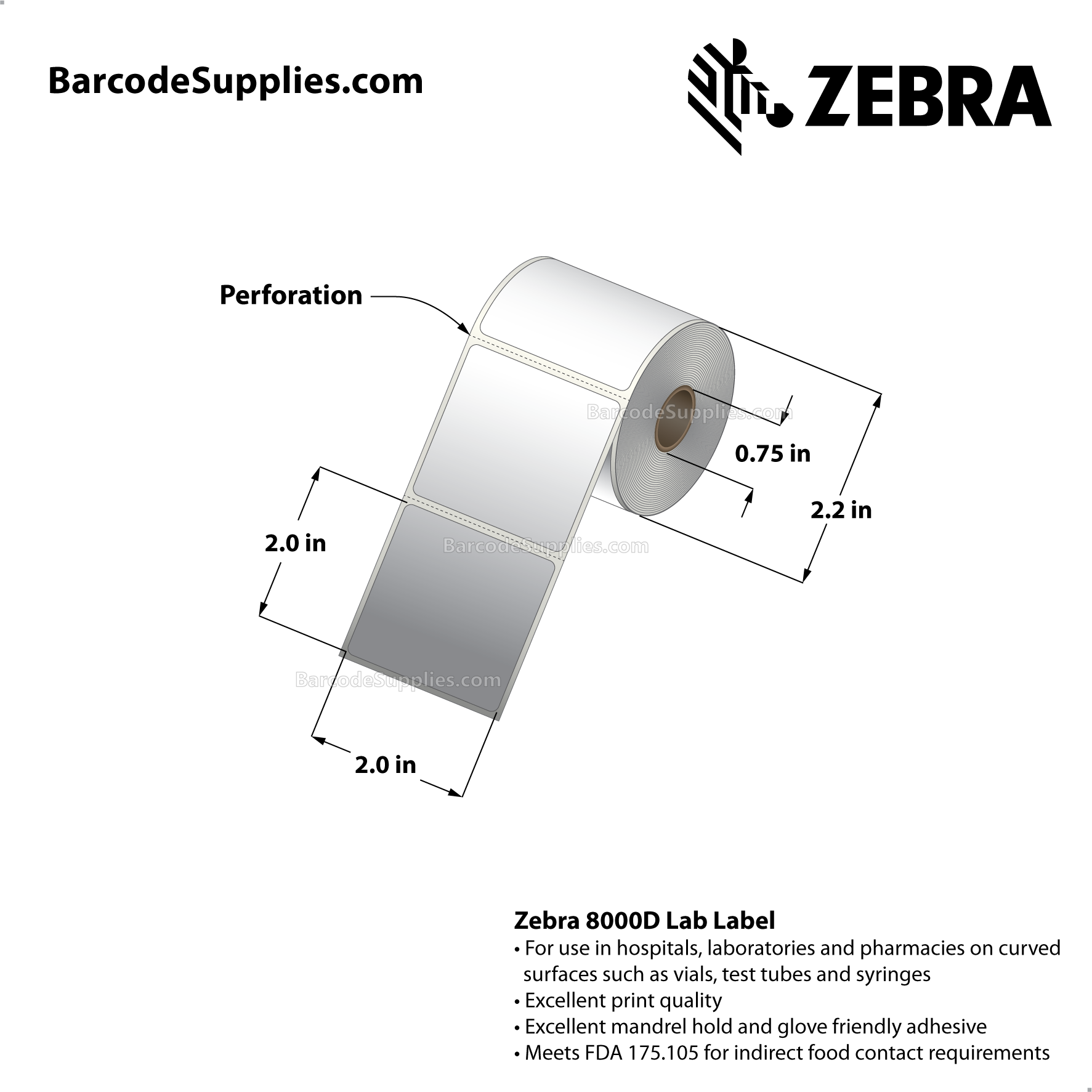 2 x 2 Direct Thermal White 8000D Lab Labels With High-tack Adhesive - Perforated - 215 Labels Per Roll - Carton Of 12 Rolls - 2580 Labels Total - MPN: 10015774