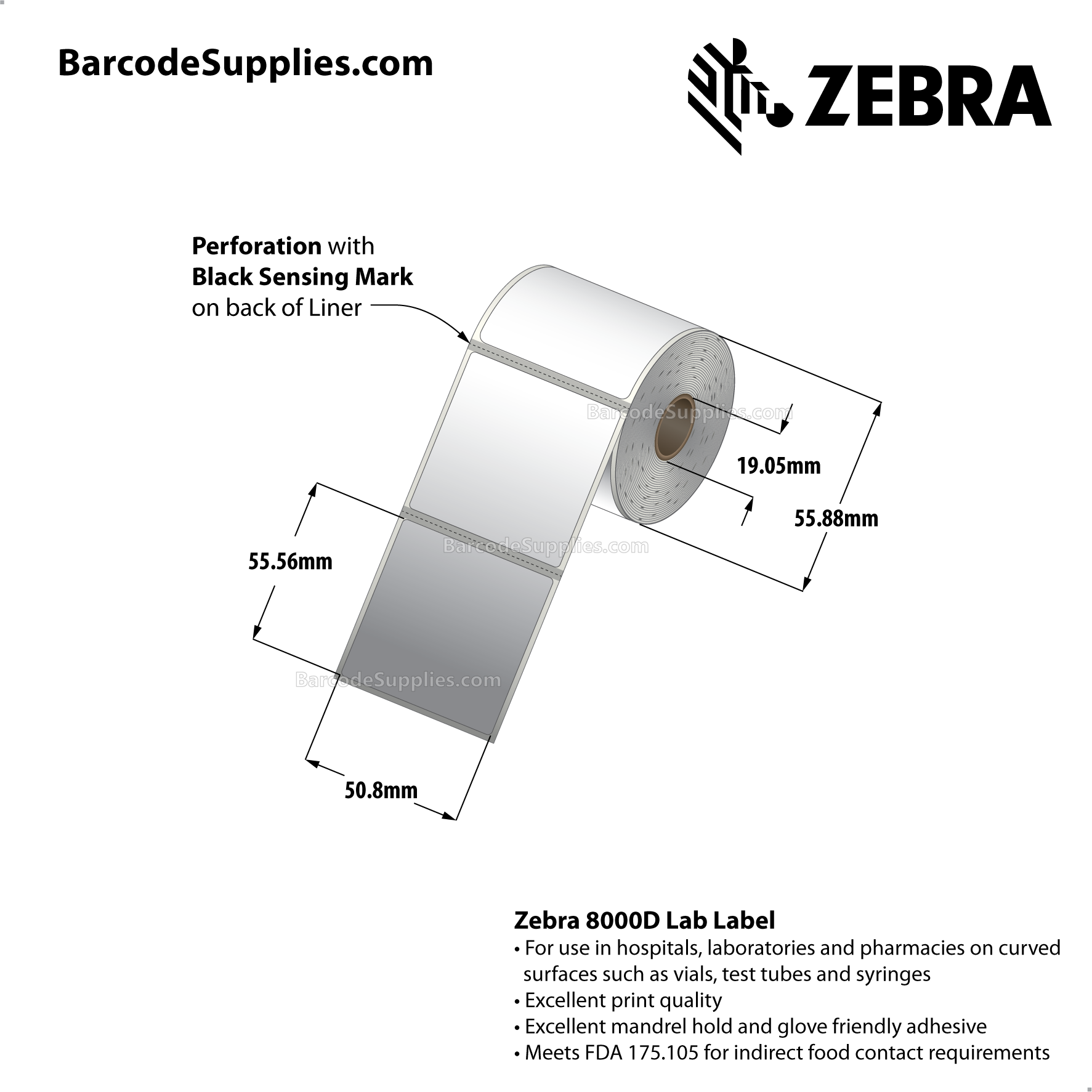 2 x 2.1875 Direct Thermal White 8000D Lab Labels With High-tack Adhesive - Perforated - 200 Labels Per Roll - Carton Of 12 Rolls - 2400 Labels Total - MPN: 10015775
