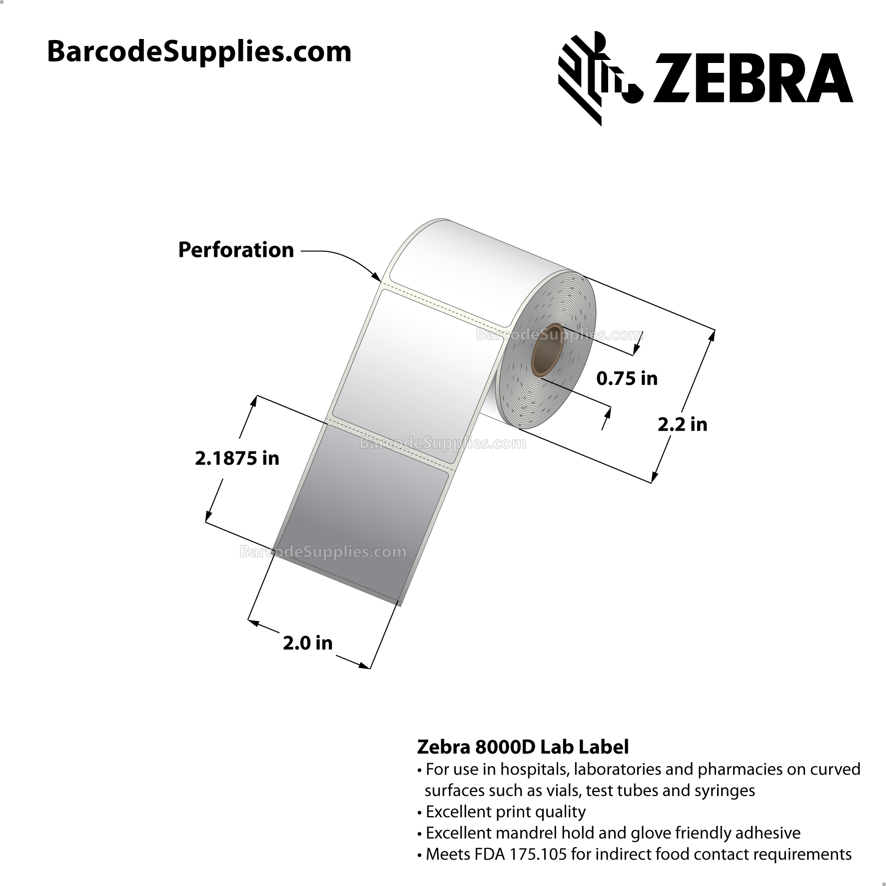 2 x 2.1875 Direct Thermal White 8000D Lab Labels With High-tack Adhesive - Perforated - 200 Labels Per Roll - Carton Of 12 Rolls - 2400 Labels Total - MPN: 10015780