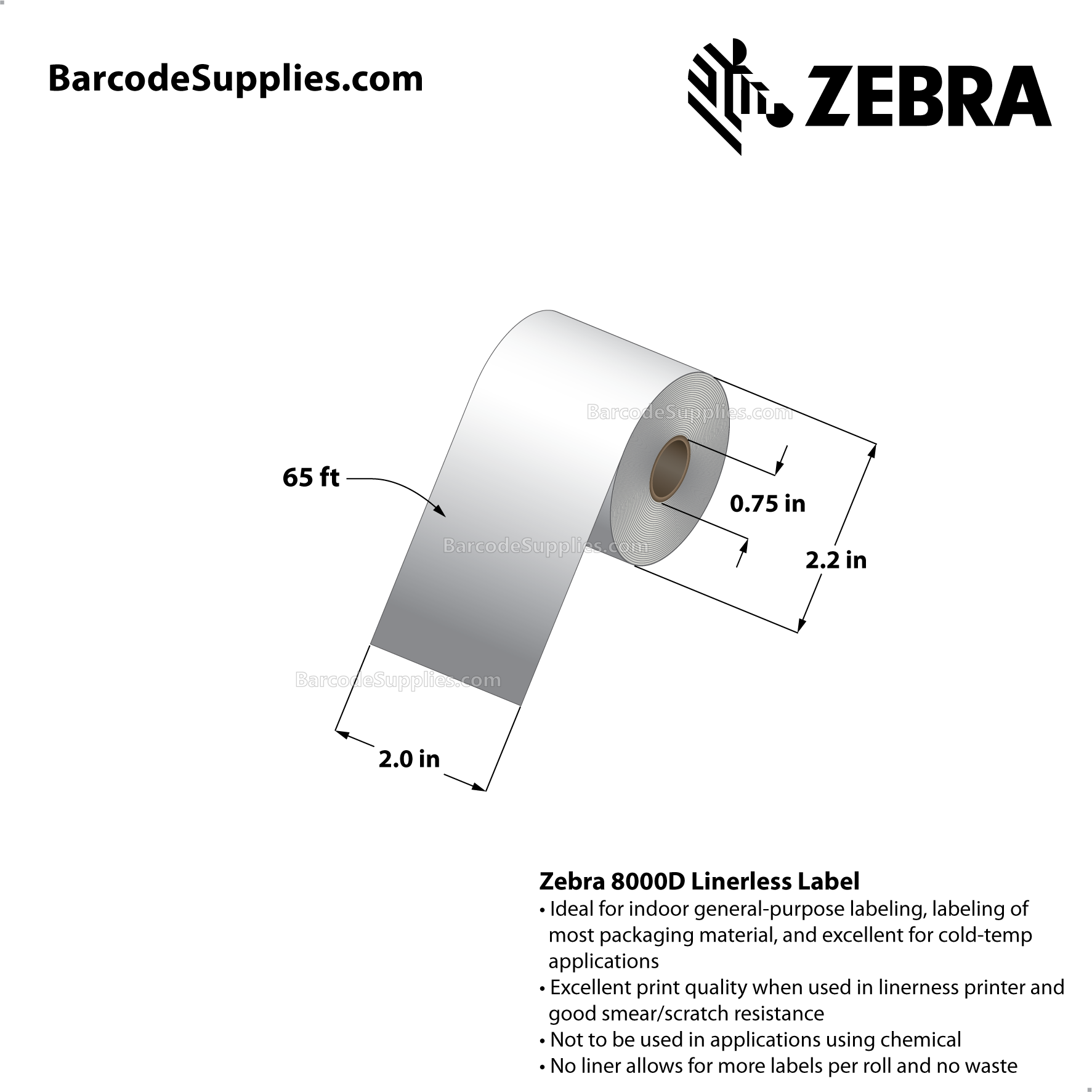 2 x 65' Direct Thermal White 8000D Linerless Labels With Permanent Adhesive - Requires linerless roller - Continuous - Labels Per Roll - Carton Of 36 Rolls - 0 Labels Total - MPN: LD-R2LS5W